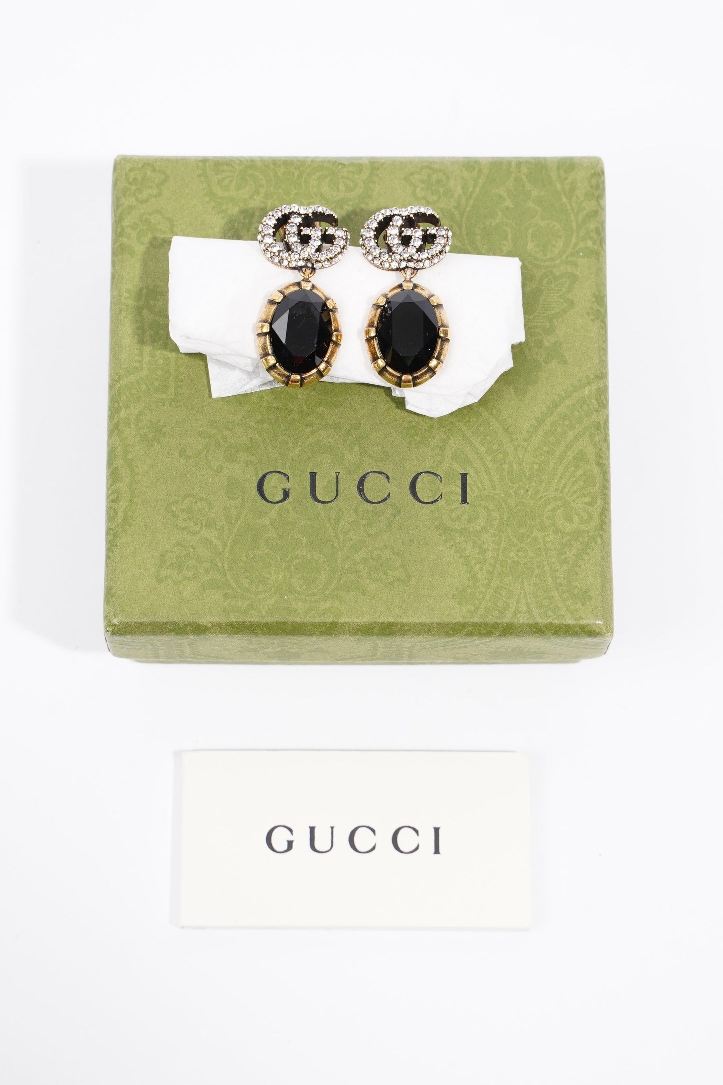 Gucci Womens GG Pendant Earrings Black / Gold Finish Base Metal / Rhinestone