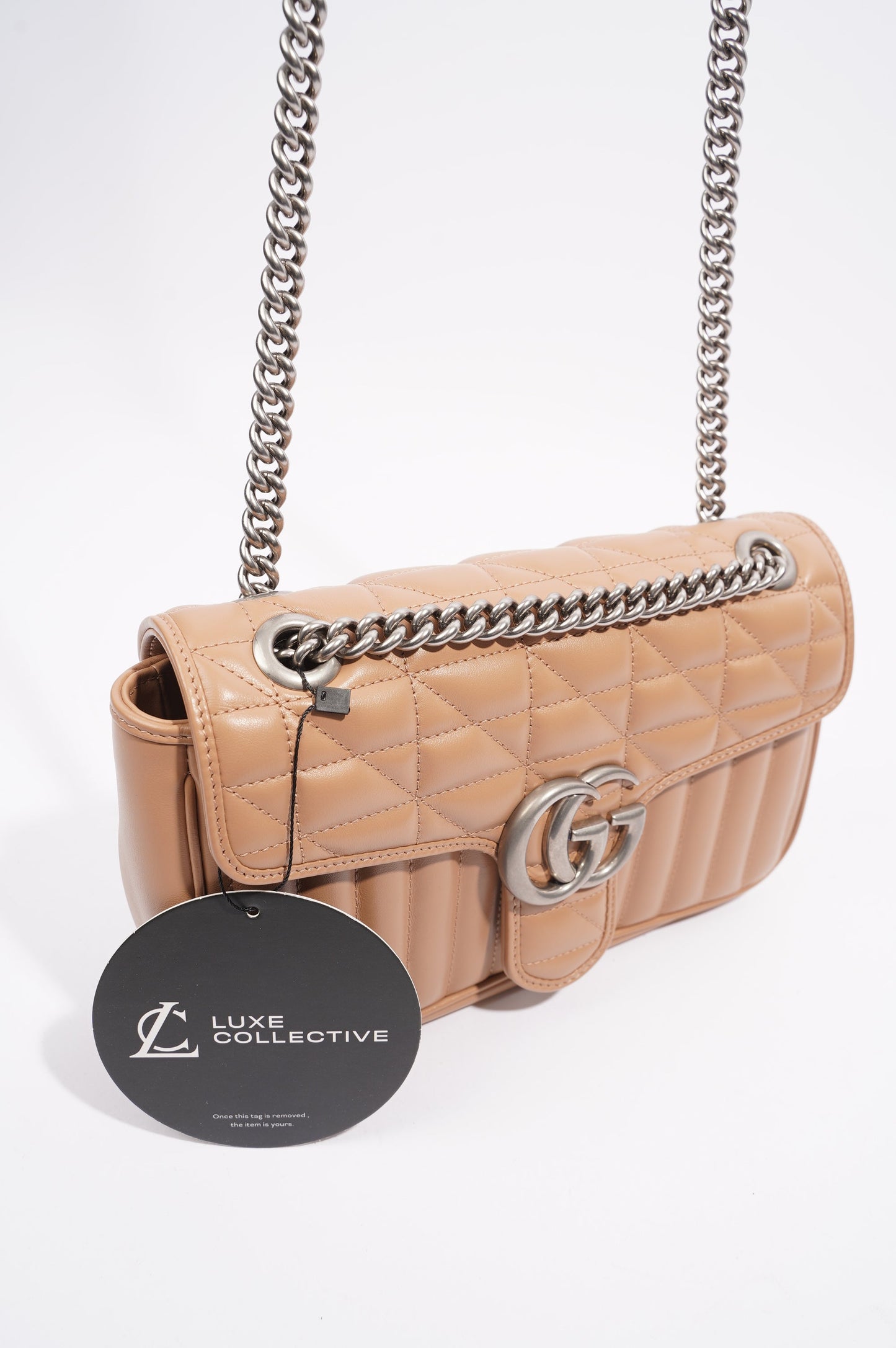 Gucci Womens GG Marmont Bag Nude Leather Small