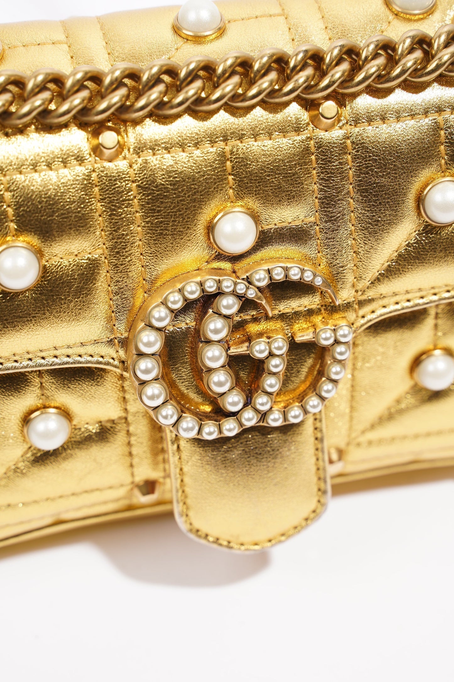 Gucci Womens Marmont Flap Gold / Pearl Mini
