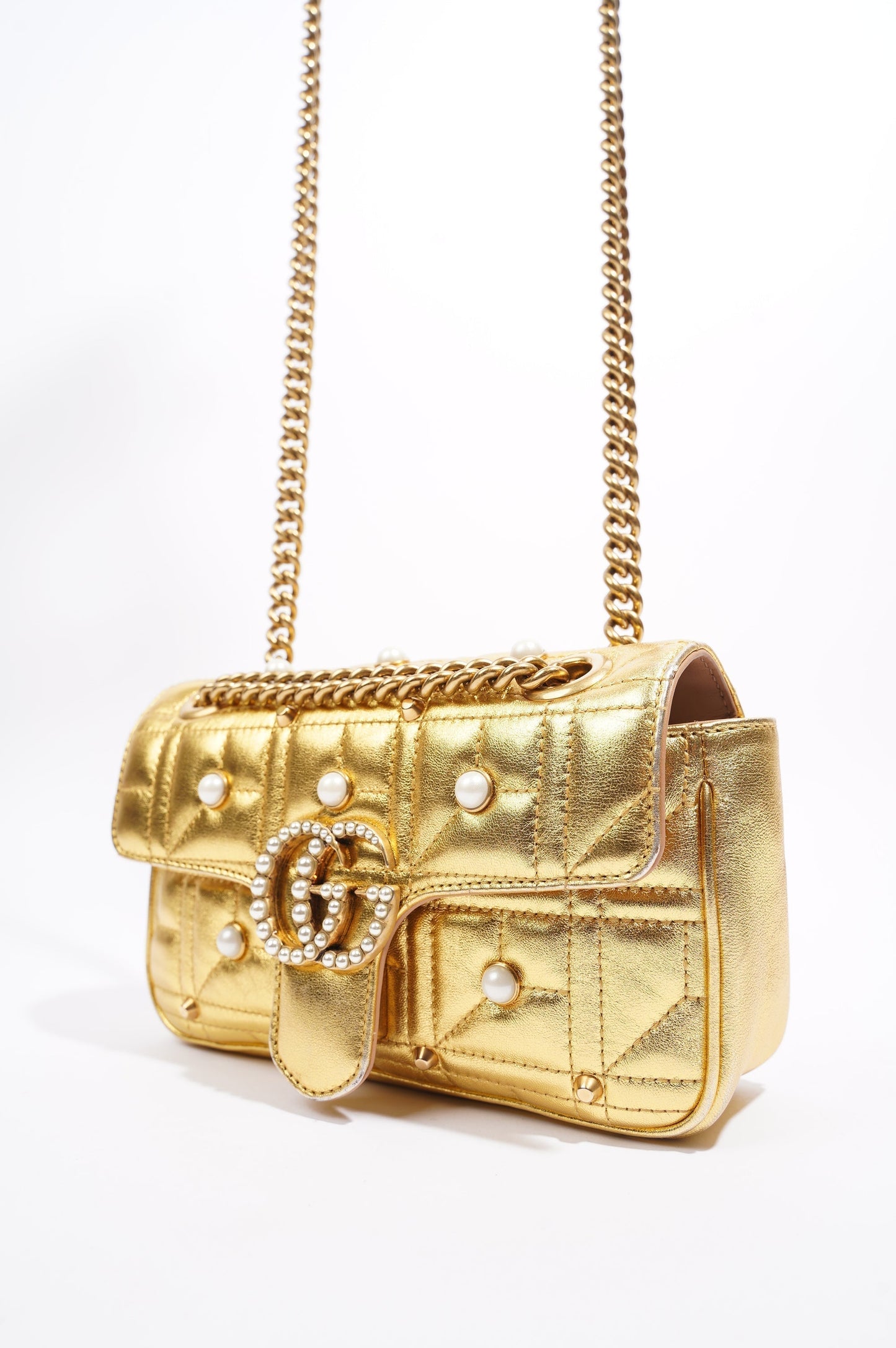 Gucci Womens Marmont Flap Gold / Pearl Mini