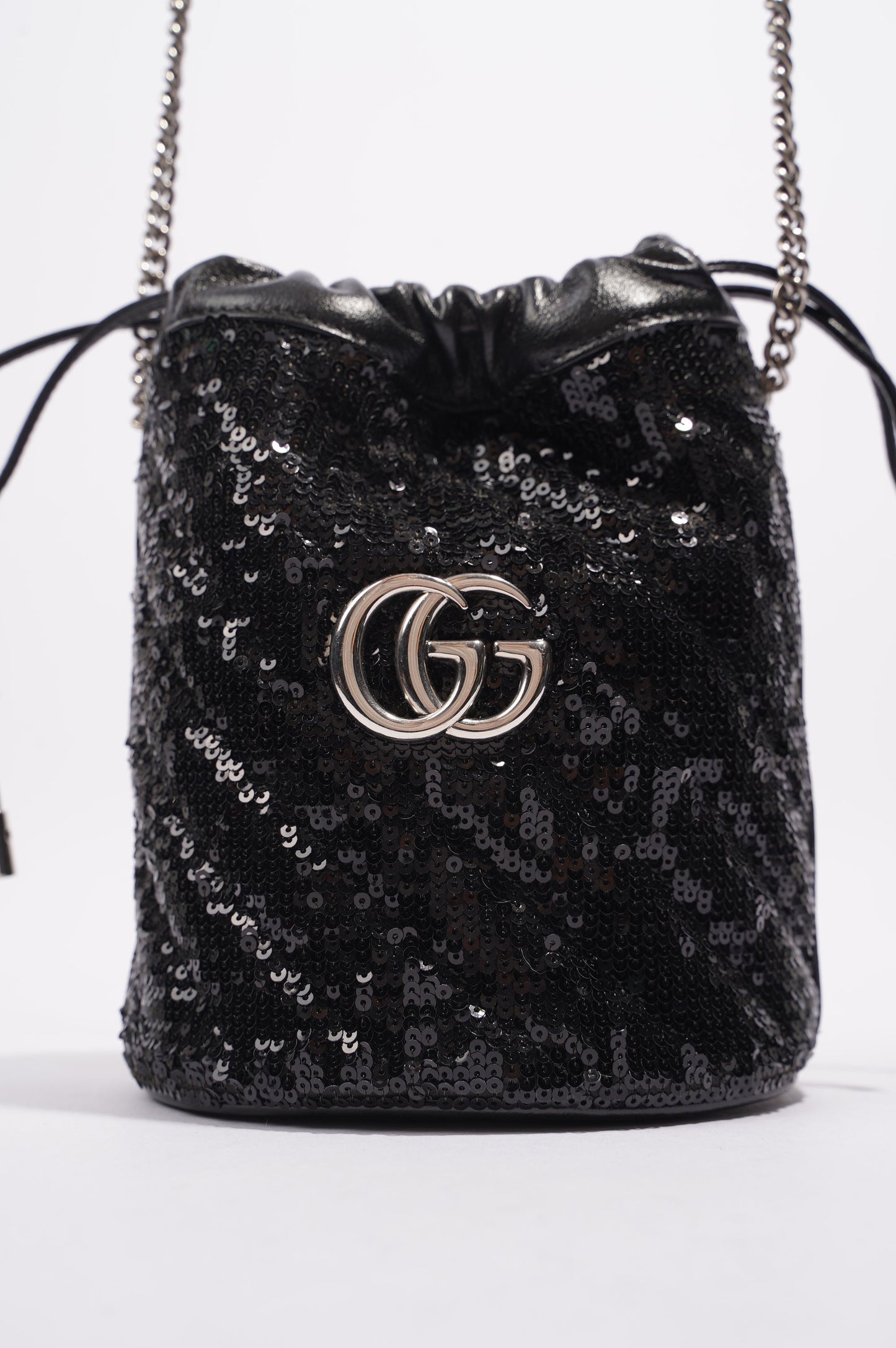 Gucci Womens GG Marmont Bucket Bag Black Leather / Sequin Mini