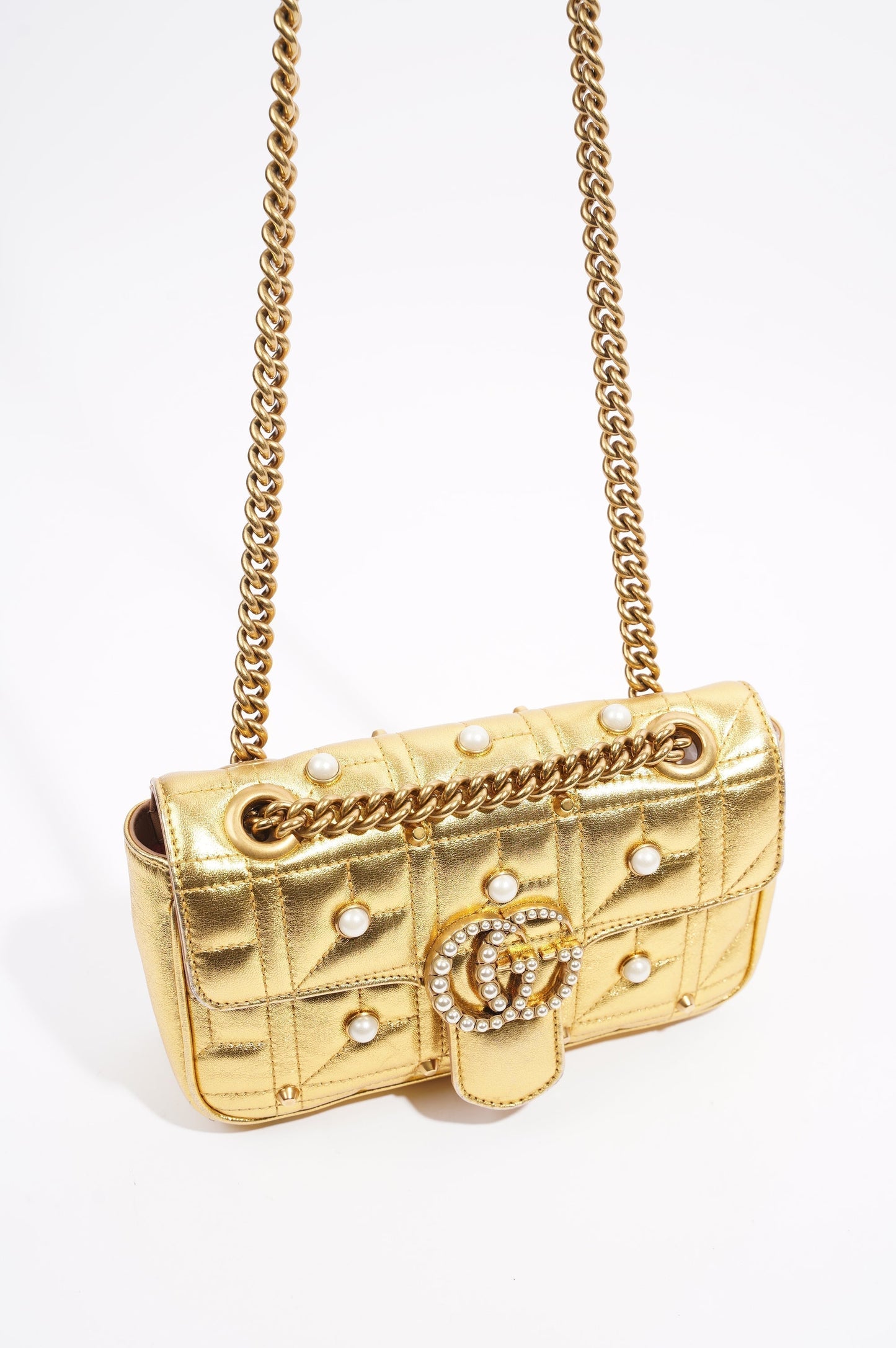 Gucci Womens Marmont Flap Gold / Pearl Mini