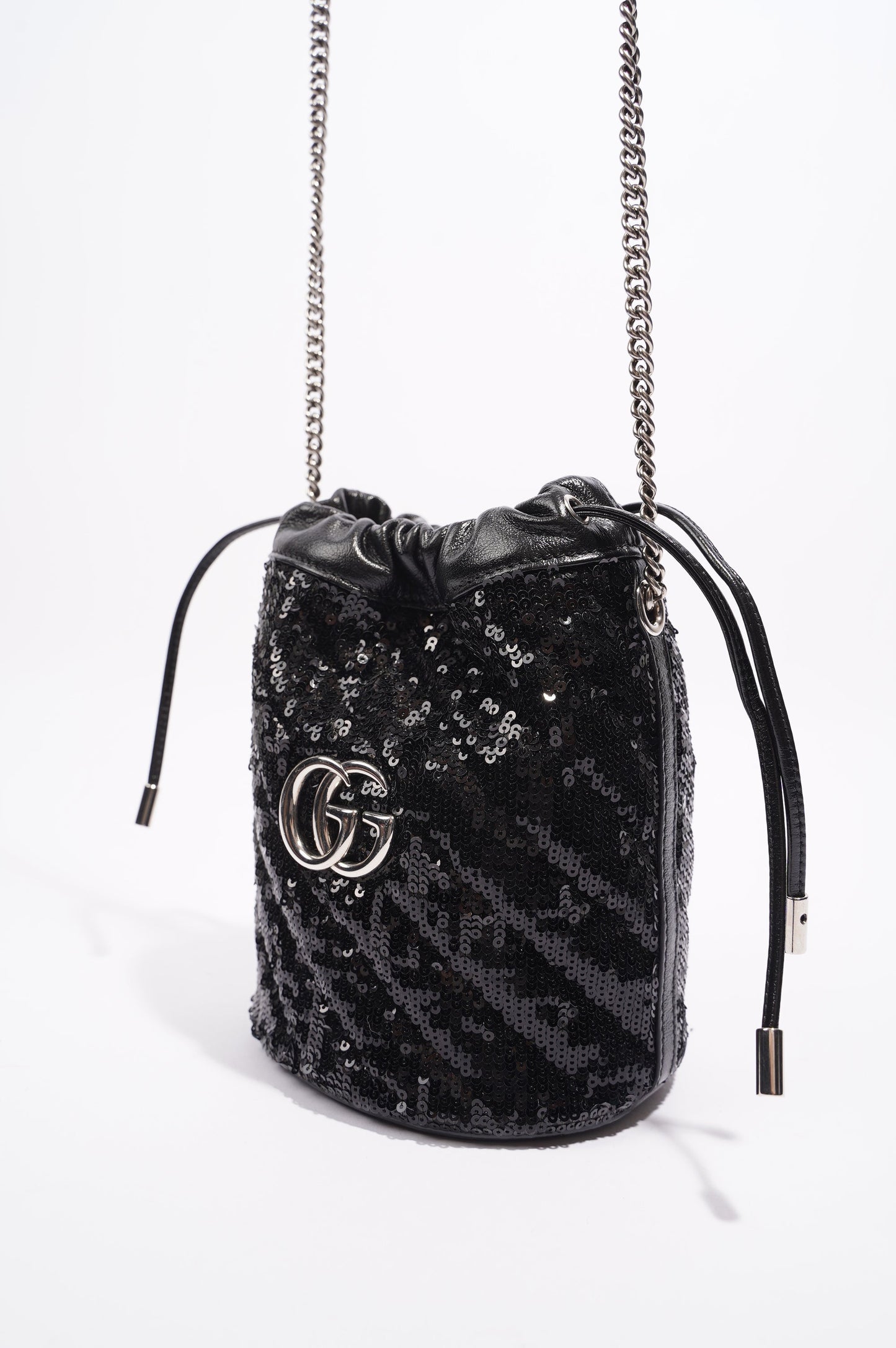 Gucci Womens GG Marmont Bucket Bag Black Leather / Sequin Mini