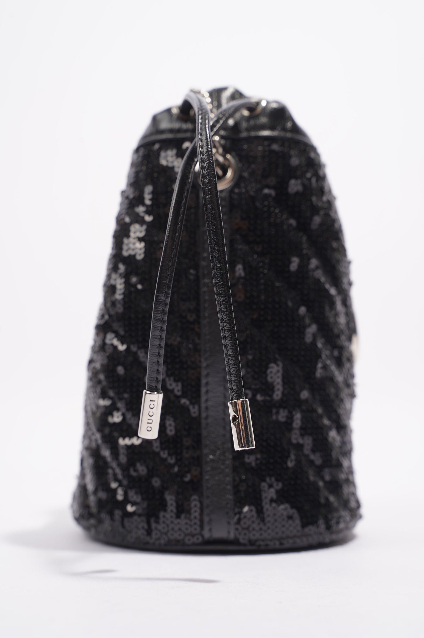 Gucci Womens GG Marmont Bucket Bag Black Leather / Sequin Mini