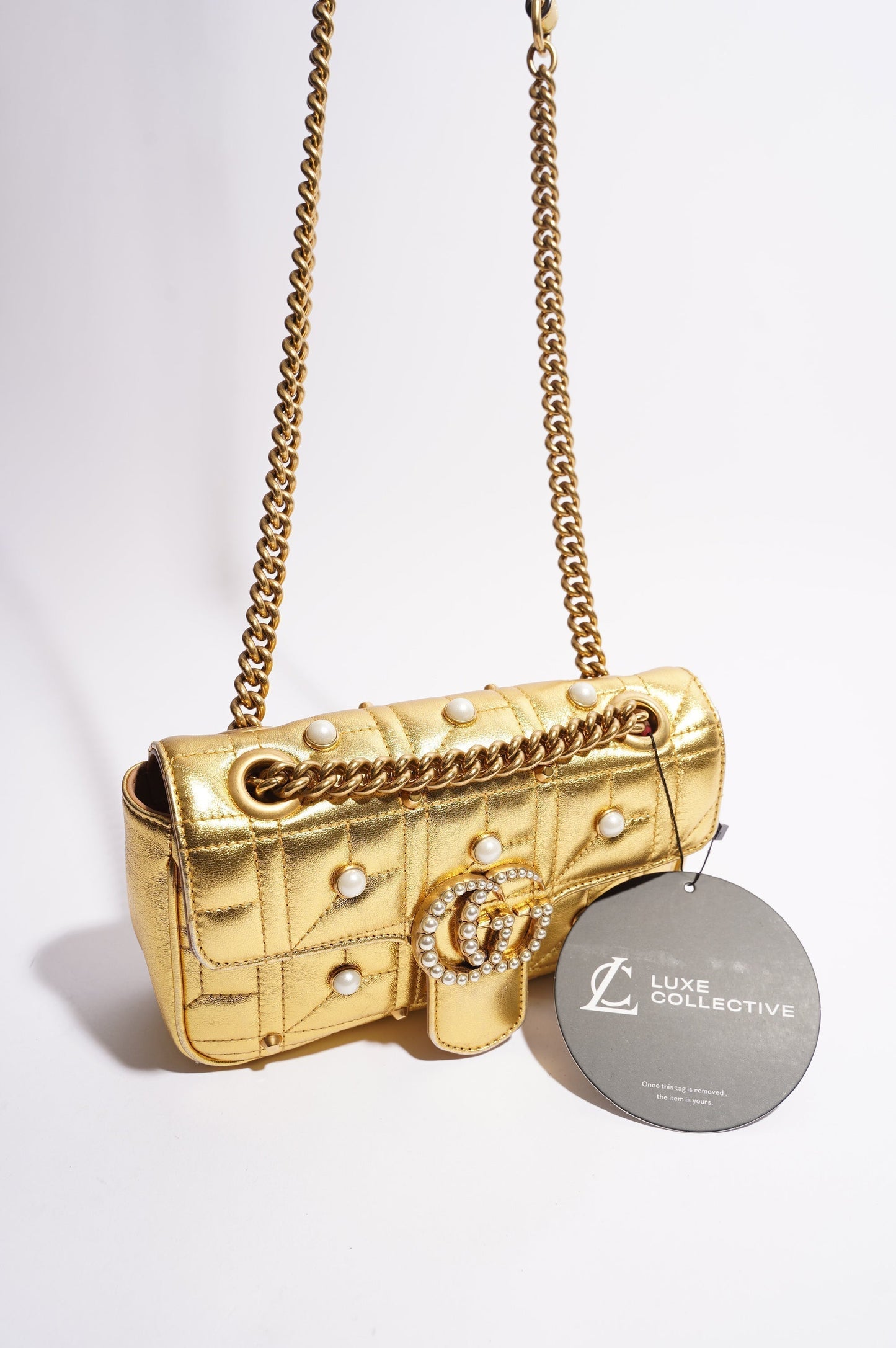 Gucci Womens Marmont Flap Gold / Pearl Mini