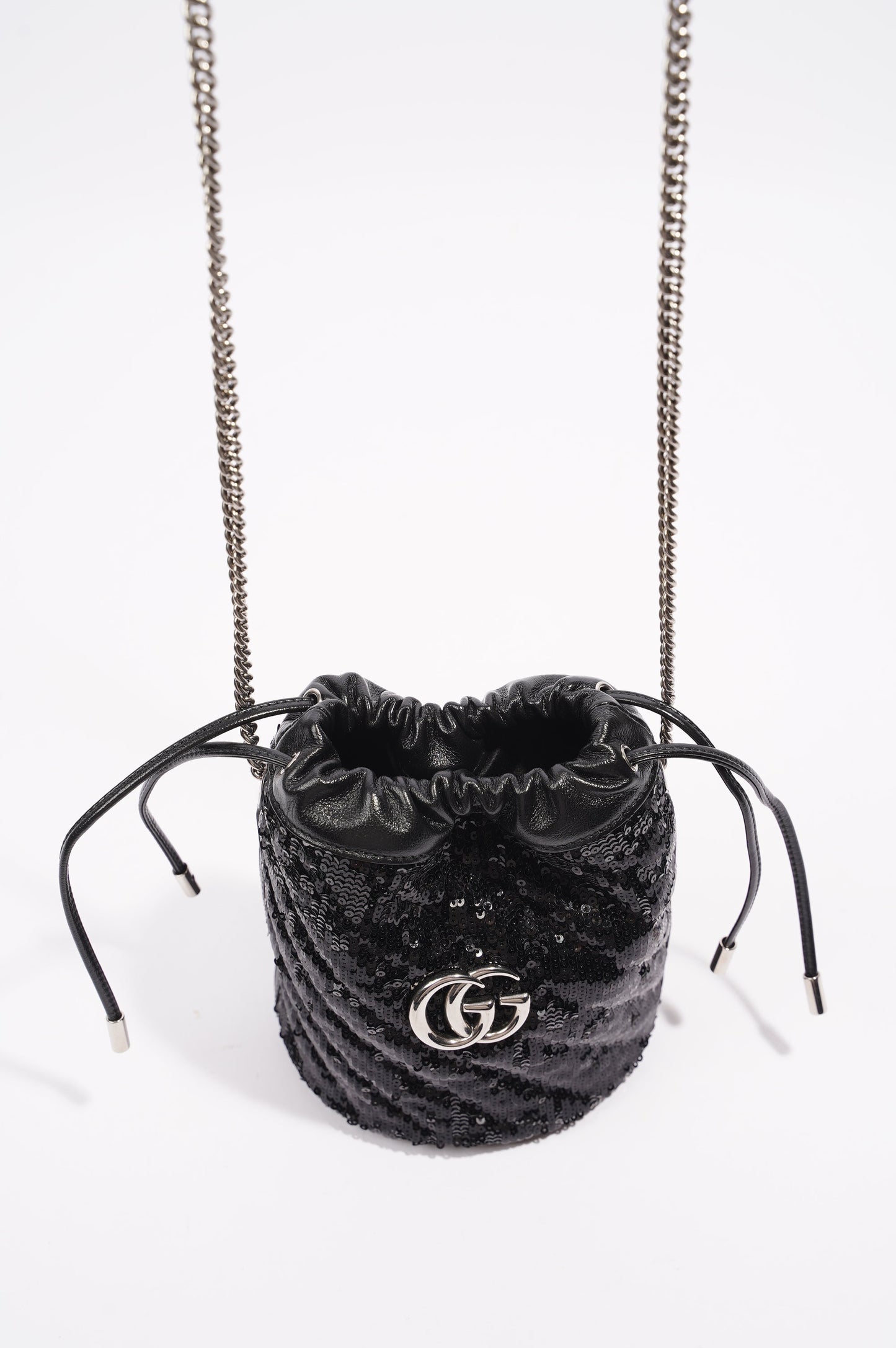 Gucci Womens GG Marmont Bucket Bag Black Leather / Sequin Mini