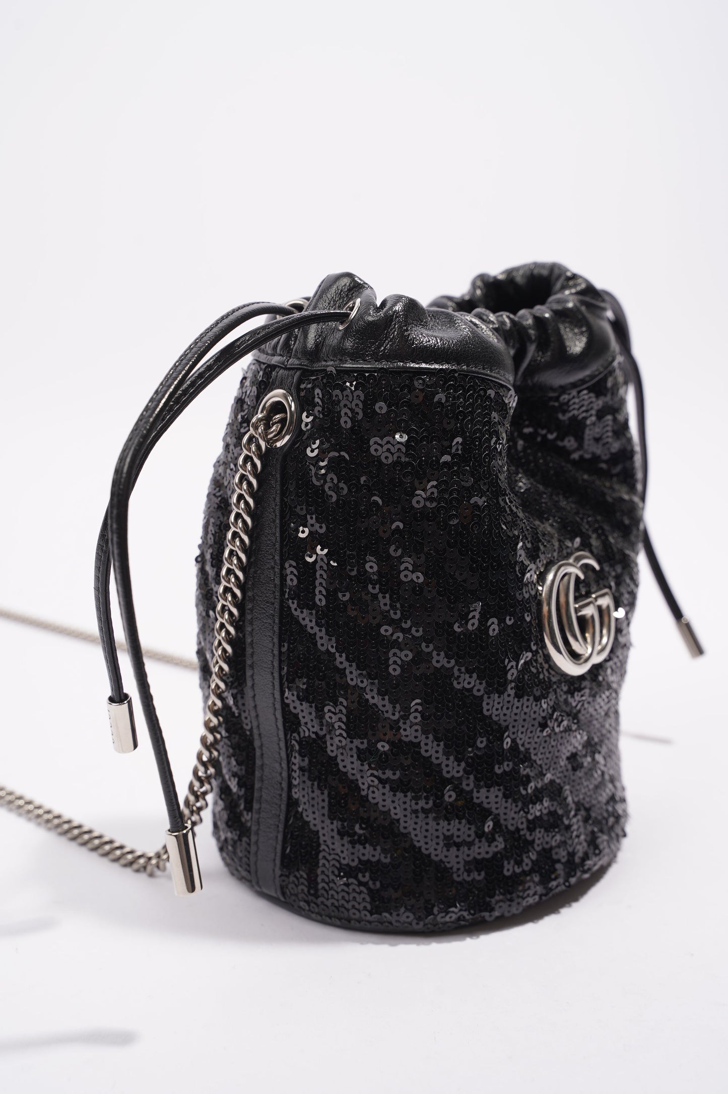 Gucci Womens GG Marmont Bucket Bag Black Leather / Sequin Mini