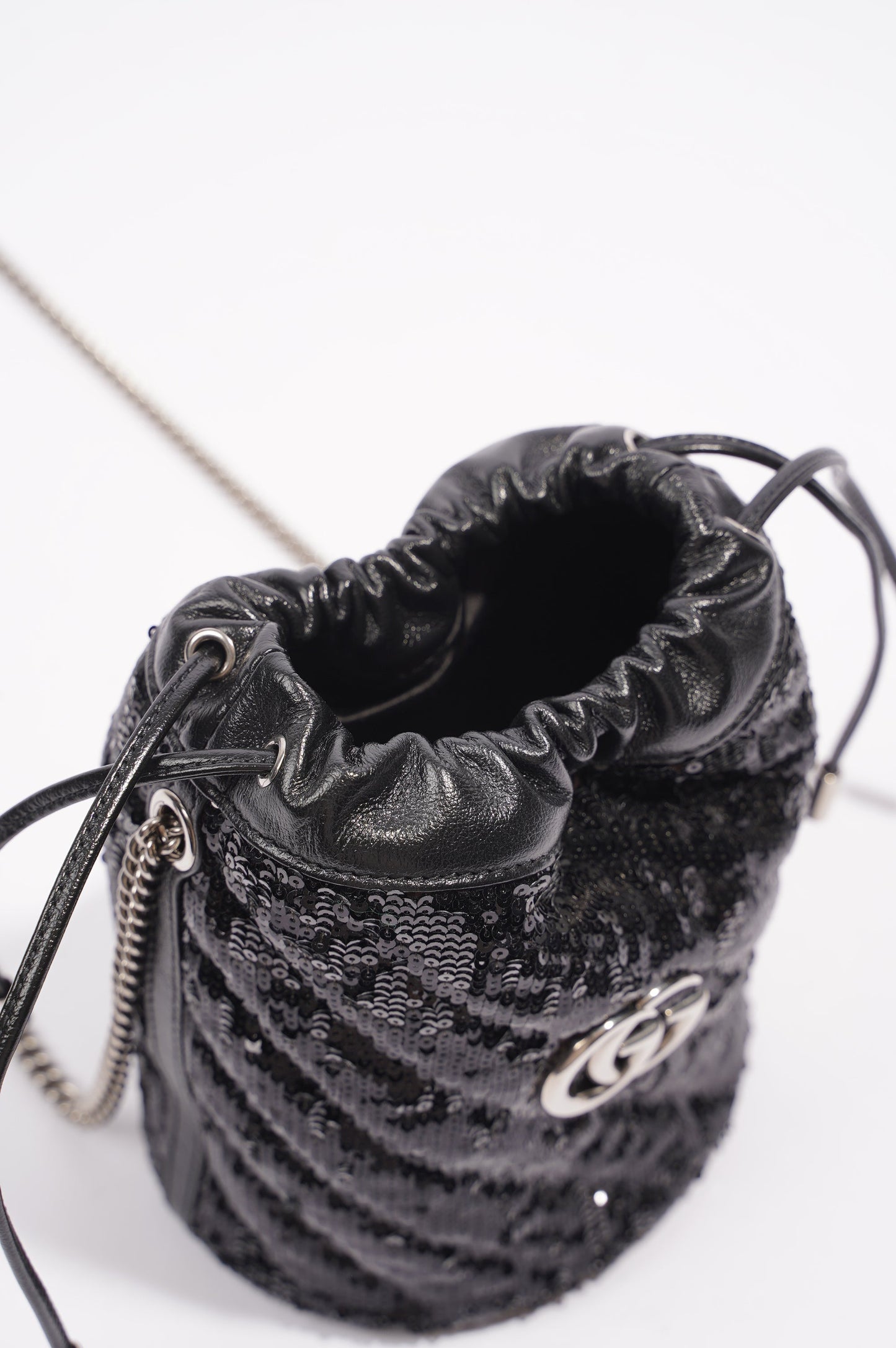 Gucci Womens GG Marmont Bucket Bag Black Leather / Sequin Mini
