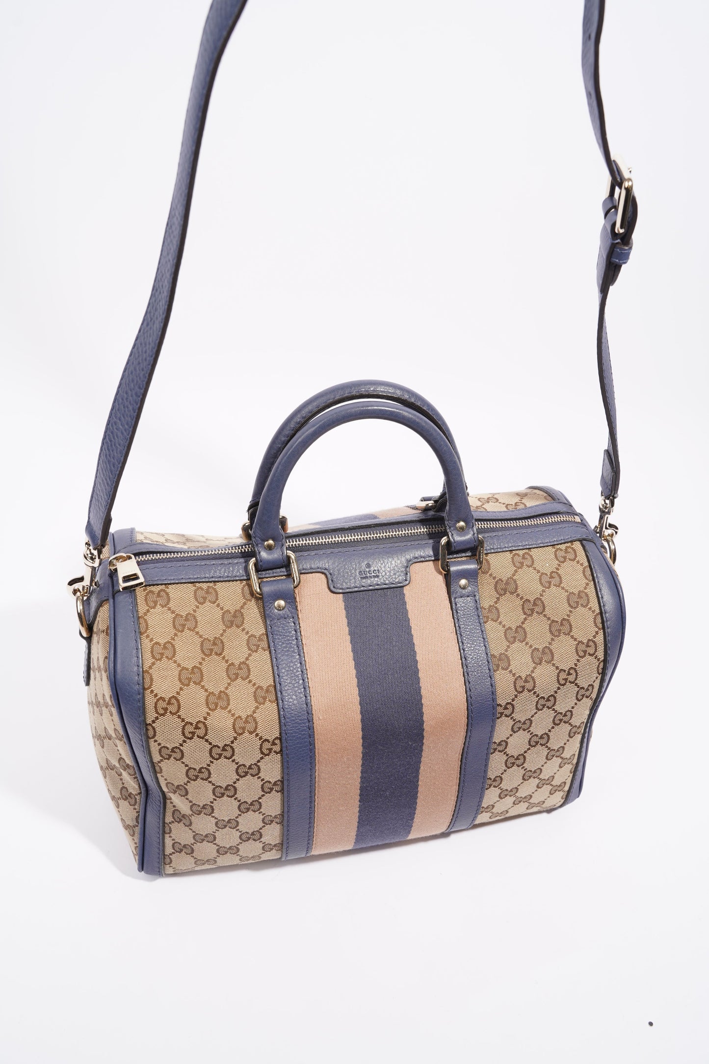 Gucci Womens Vintage Web Boston Bag Beige Blue Nude Medium