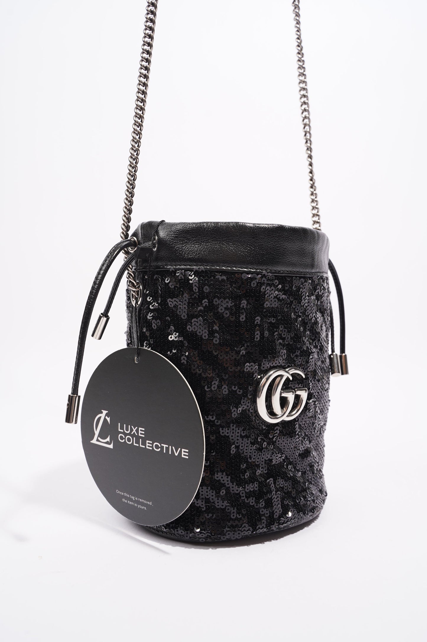 Gucci Womens GG Marmont Bucket Bag Black Leather / Sequin Mini