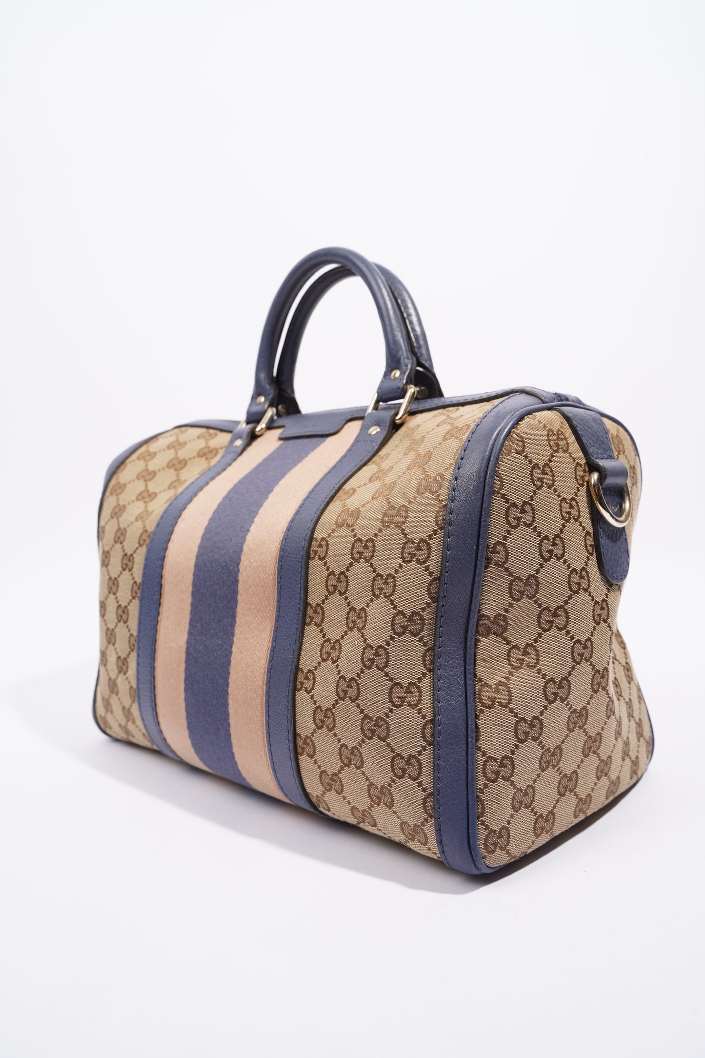 Gucci Womens Vintage Web Boston Bag Beige Blue Nude Medium