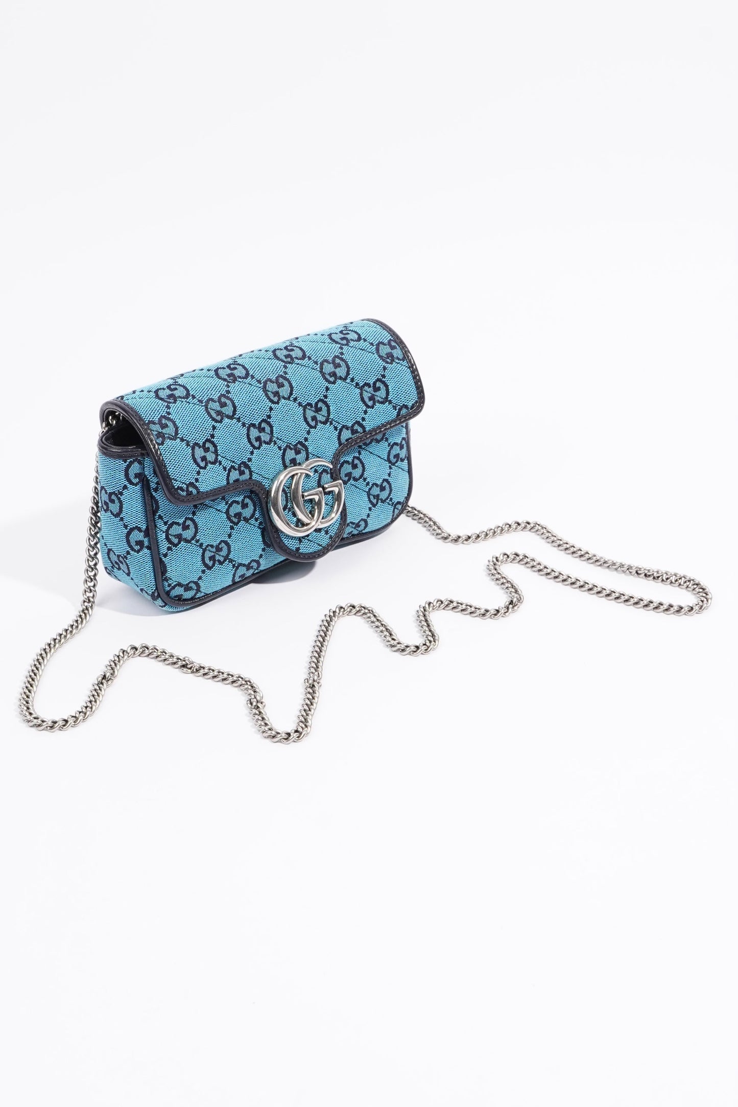Gucci Womens GG Marmont Quilted Flap Bag Blue Canvas Super Mini