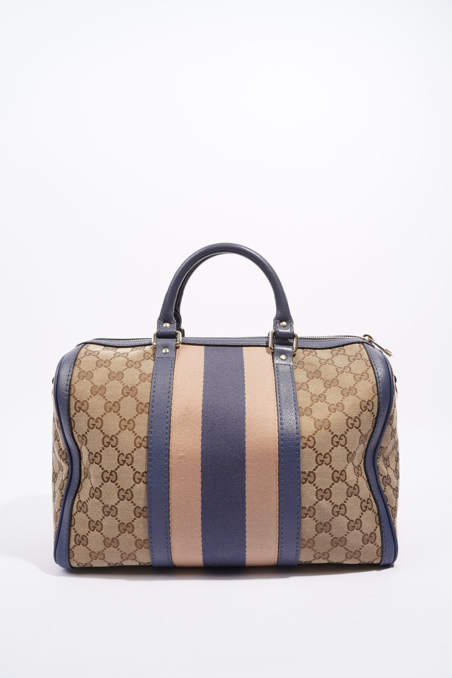 Gucci Womens Vintage Web Boston Bag Beige Blue Nude Medium