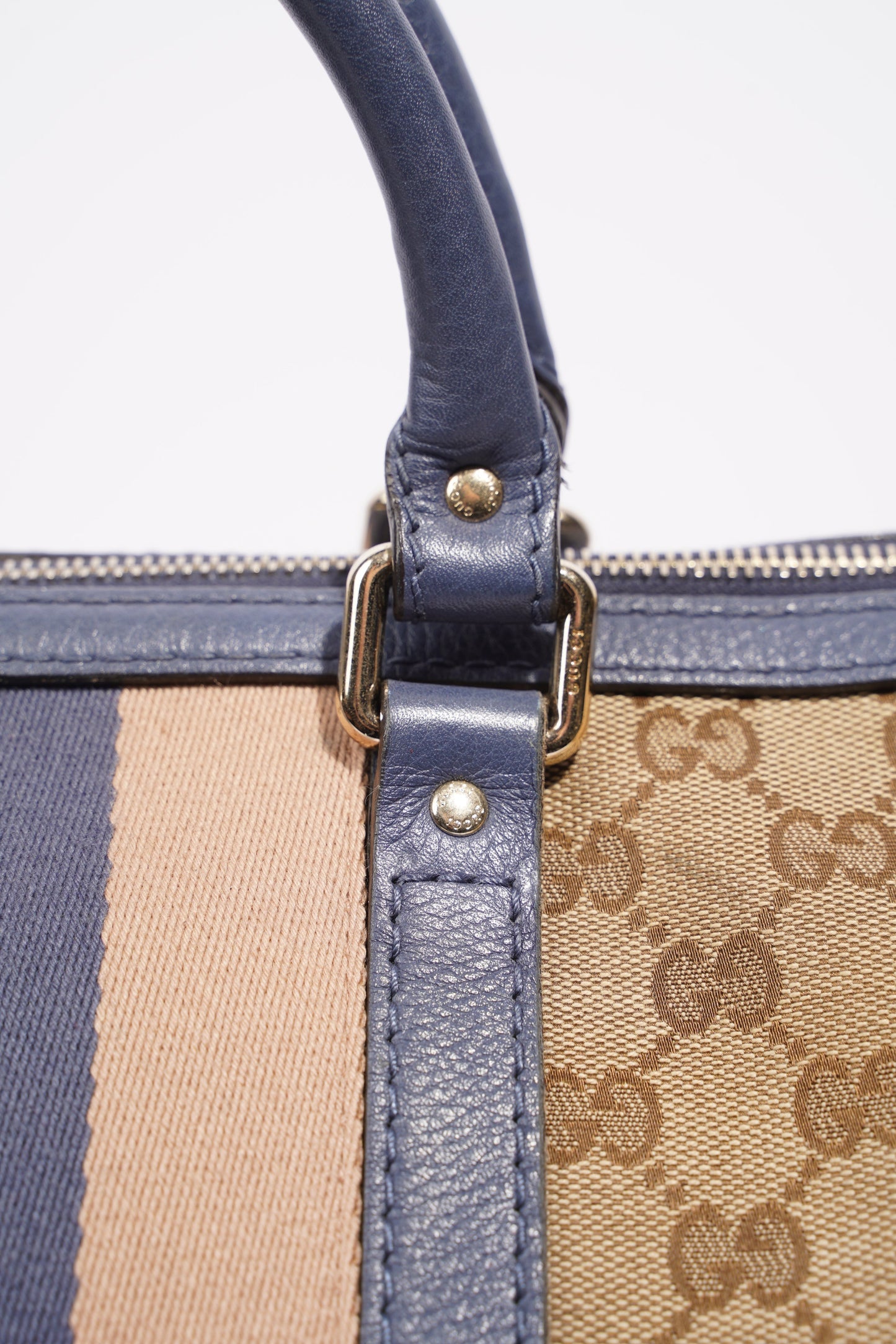 Gucci Womens Vintage Web Boston Bag Beige Blue Nude Medium