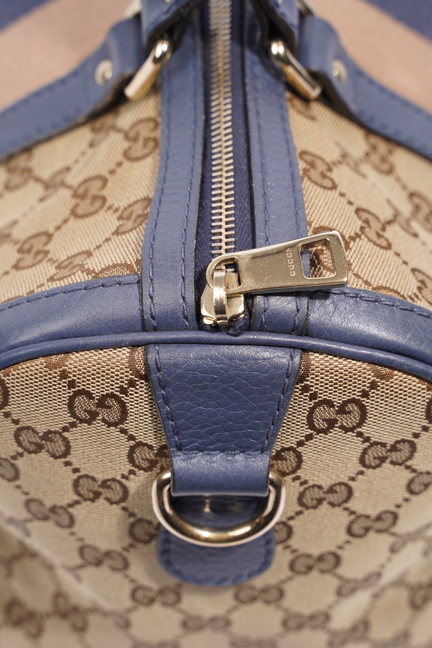 Gucci Womens Vintage Web Boston Bag Beige Blue Nude Medium