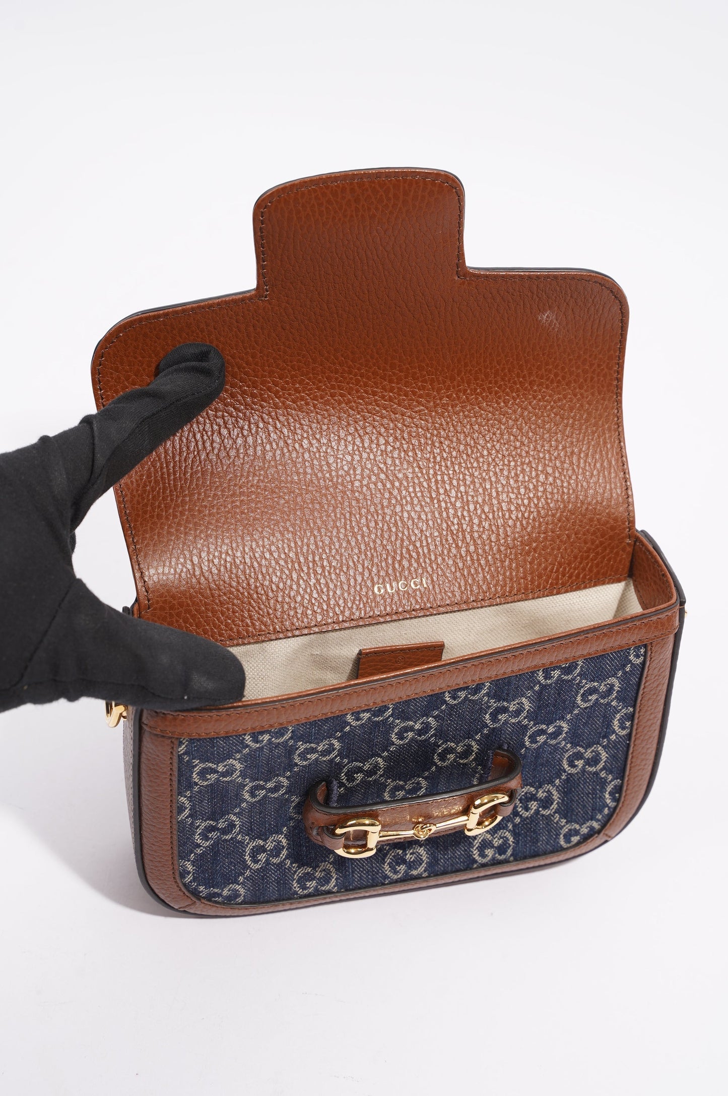 Gucci Womens Horsebit 1955 Mini Bag Demin / Brown