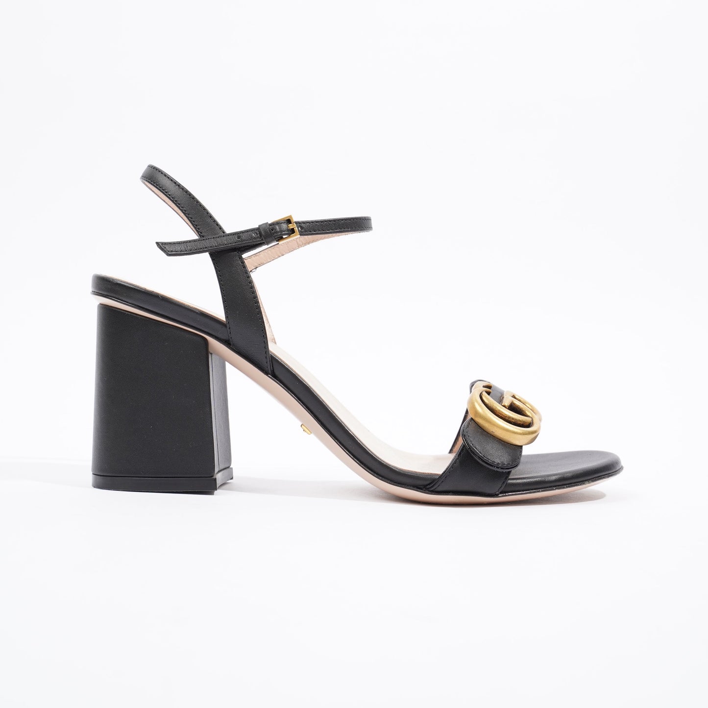 Gucci Womens Leather Mid Heel Sandal Black / Gold EU 37.5 / UK 4.5