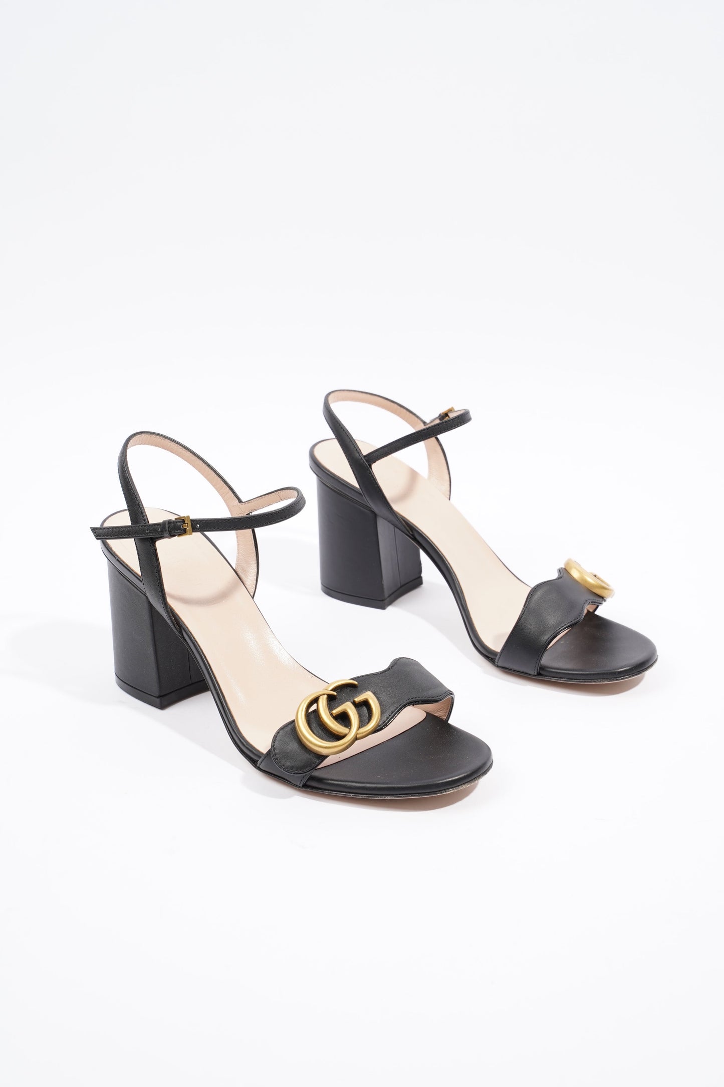 Gucci Womens Leather Mid Heel Sandal Black / Gold EU 37.5 / UK 4.5