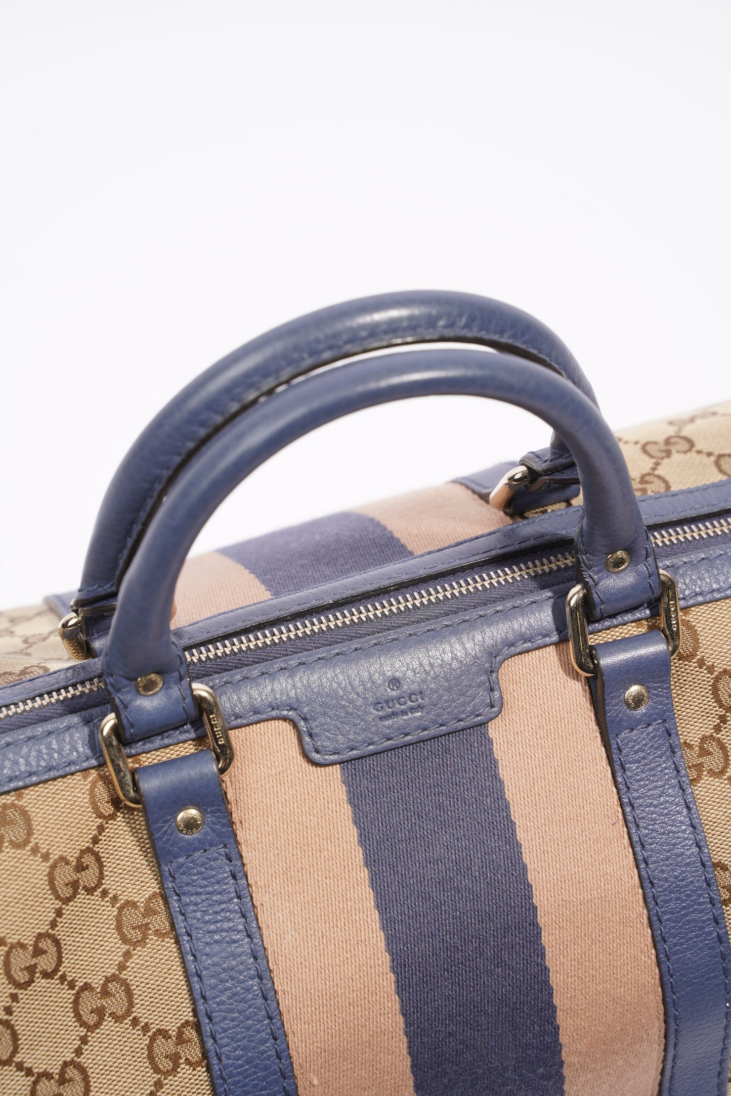 Gucci Womens Vintage Web Boston Bag Beige Blue Nude Medium