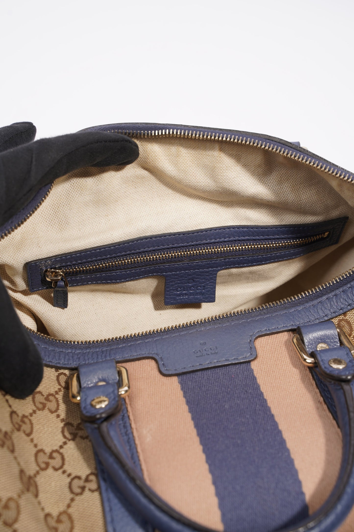 Gucci Womens Vintage Web Boston Bag Beige Blue Nude Medium