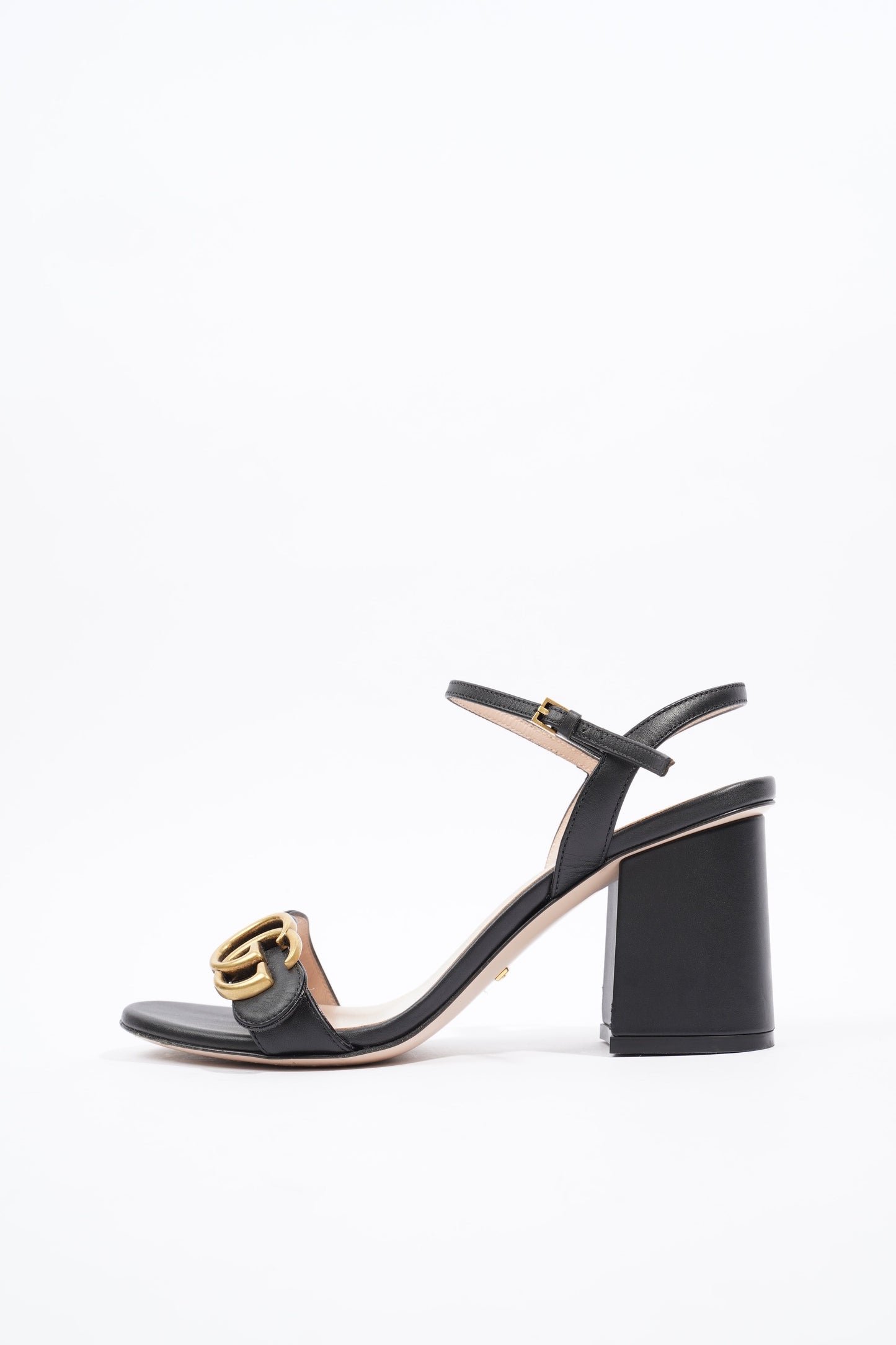 Gucci Womens Leather Mid Heel Sandal Black / Gold EU 37.5 / UK 4.5
