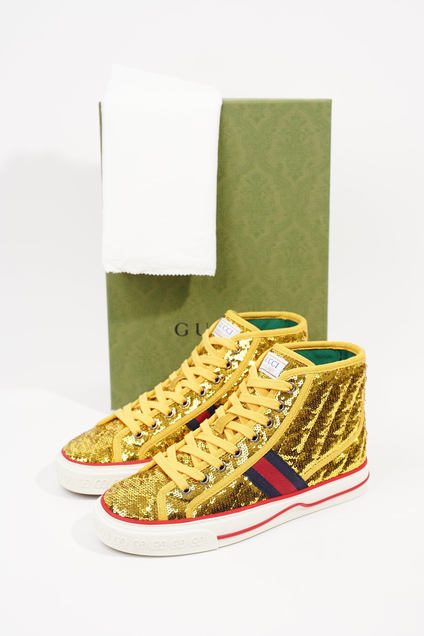 Gucci Womens Tennis High Top Gold Sequin EU 36.5 / UK 3.5