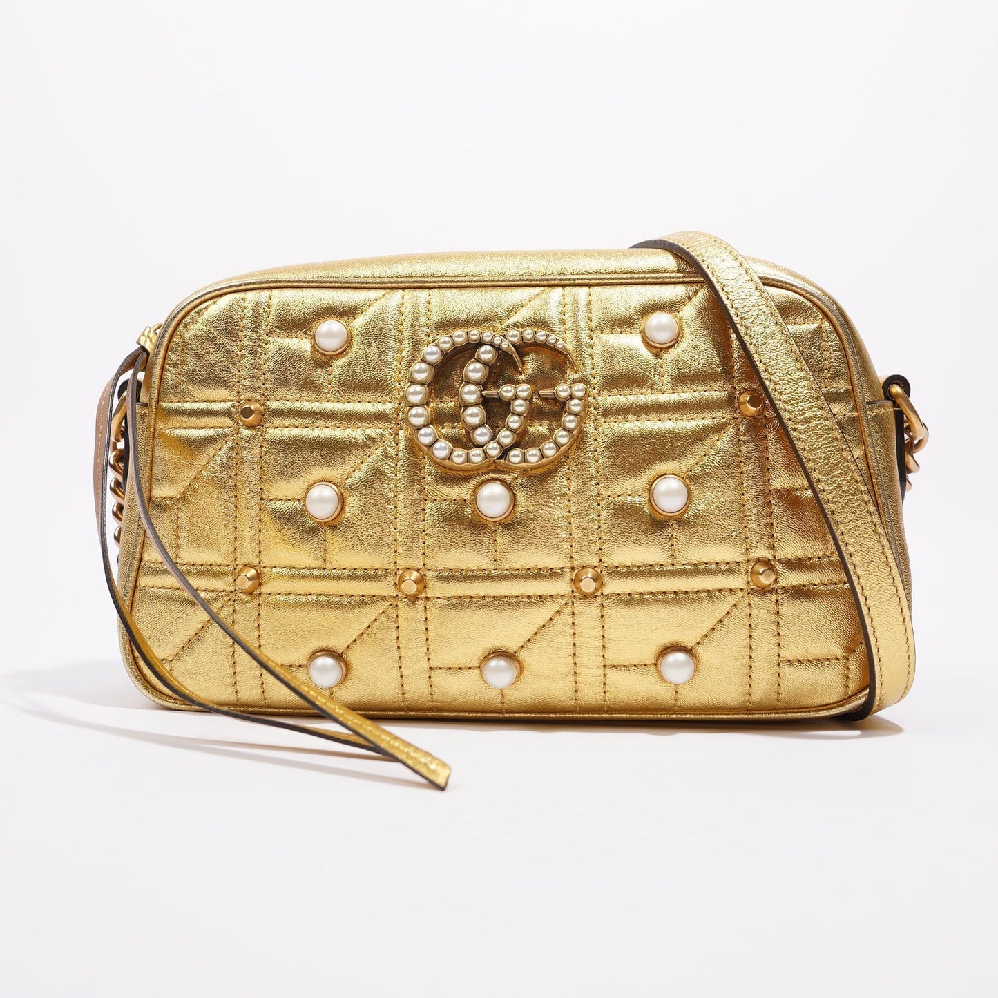 Gucci Womens Marmont GG Zip Bag Golden Leather Small