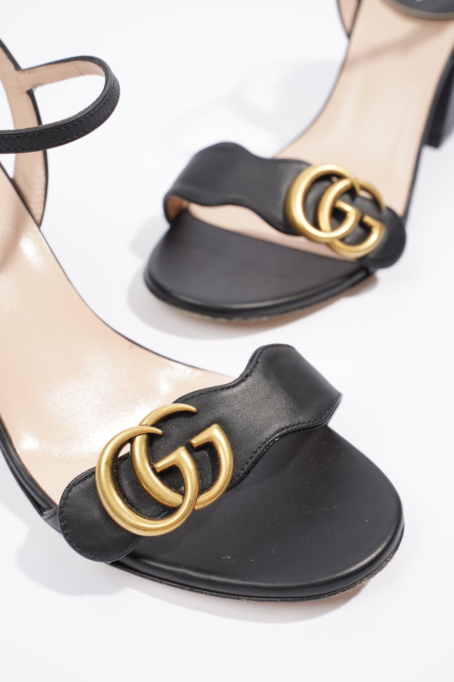 Gucci Womens Leather Mid Heel Sandal Black / Gold EU 37.5 / UK 4.5