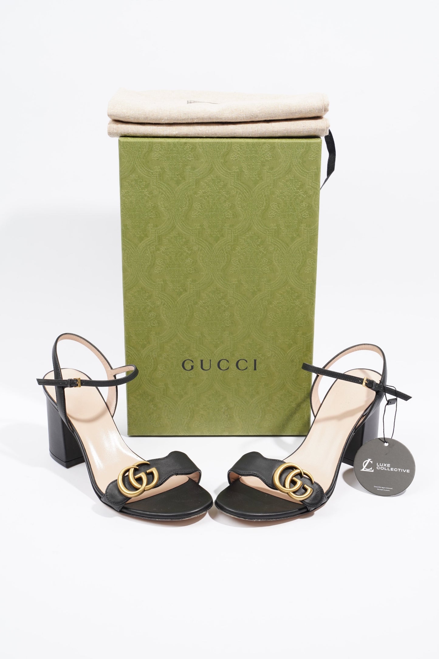 Gucci Womens Leather Mid Heel Sandal Black / Gold EU 37.5 / UK 4.5