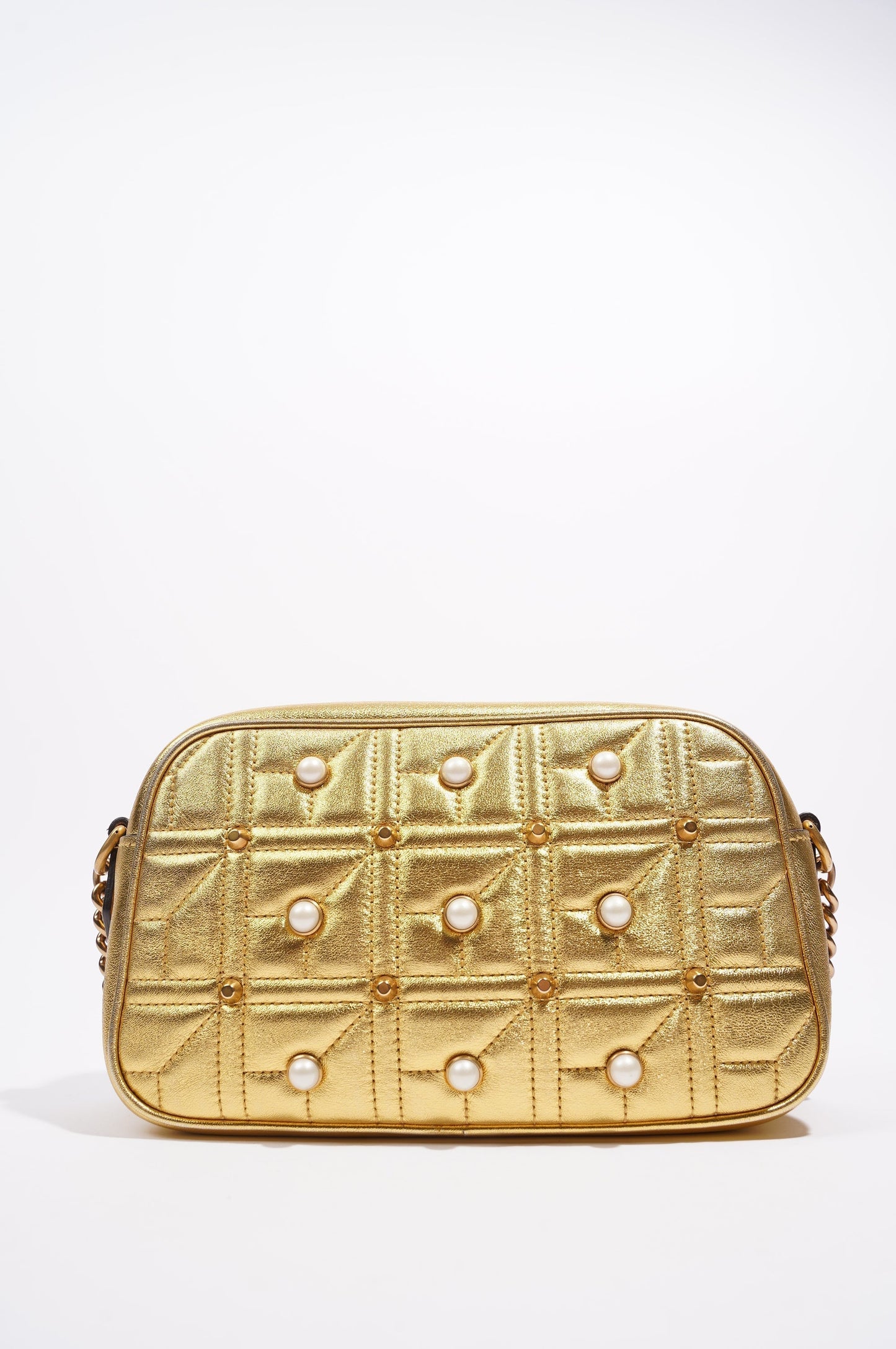 Gucci Womens Marmont GG Zip Bag Golden Leather Small