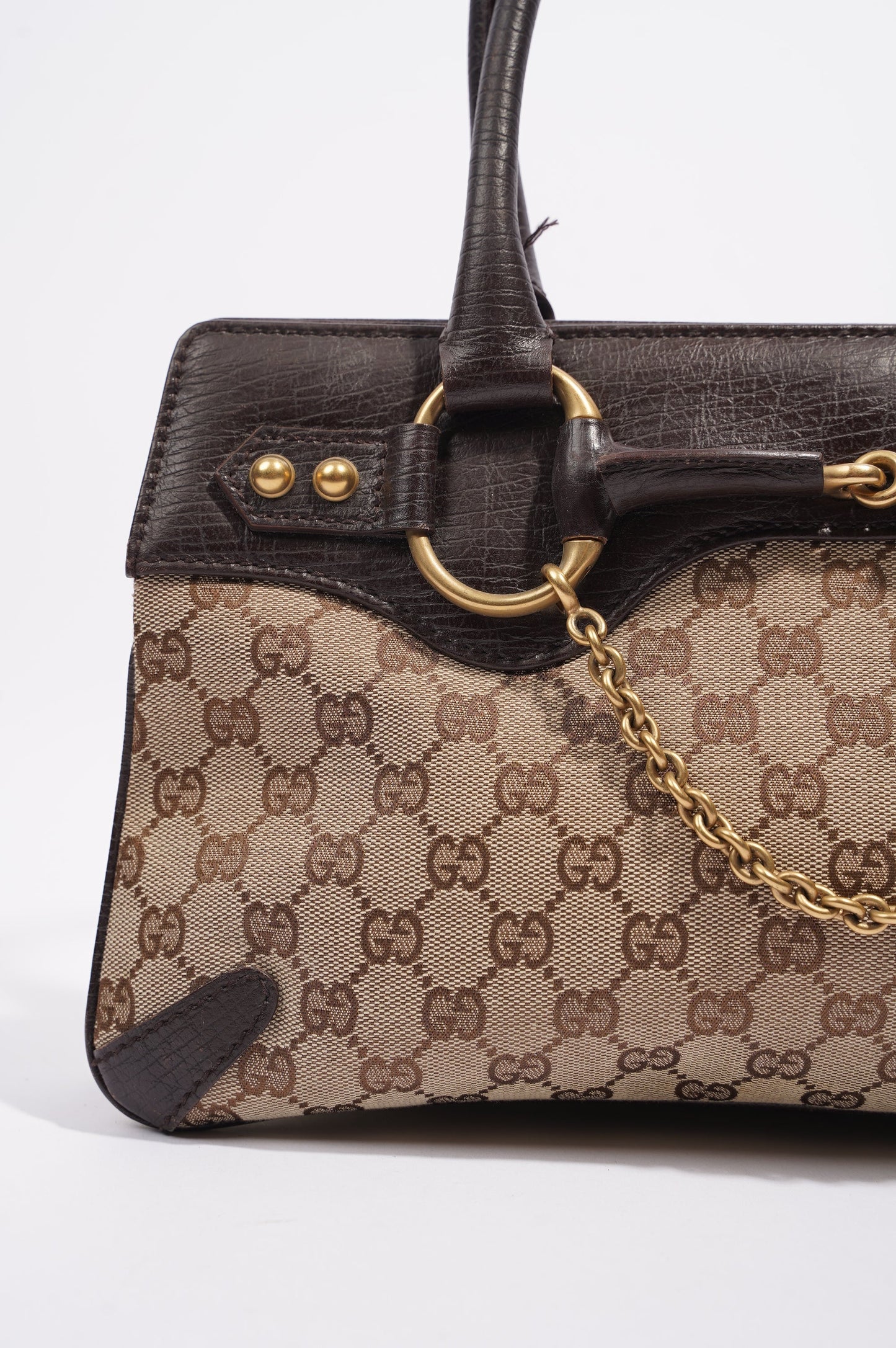 Gucci Womens Vintage Horsebit Handbag Brown Canvas