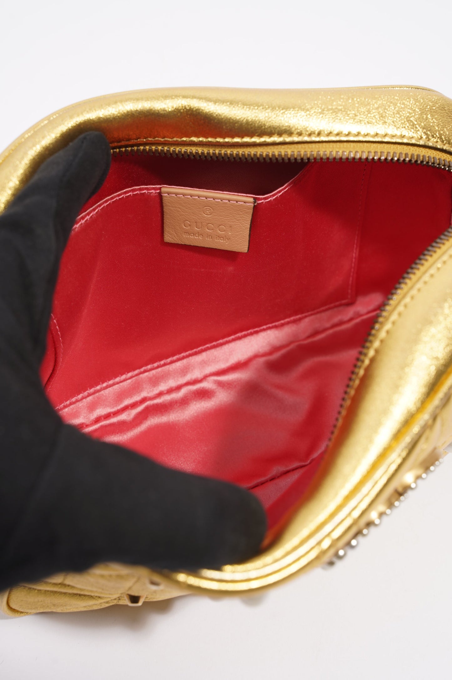 Gucci Womens Marmont GG Zip Bag Golden Leather Small