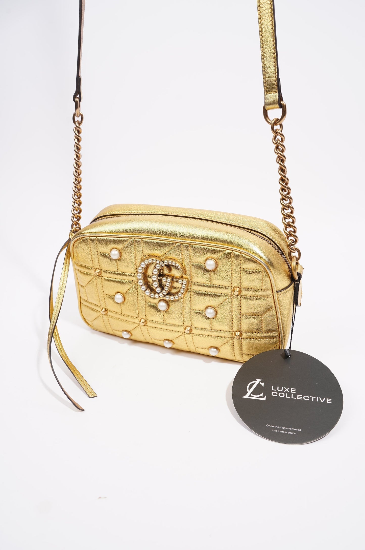 Gucci Womens Marmont GG Zip Bag Golden Leather Small