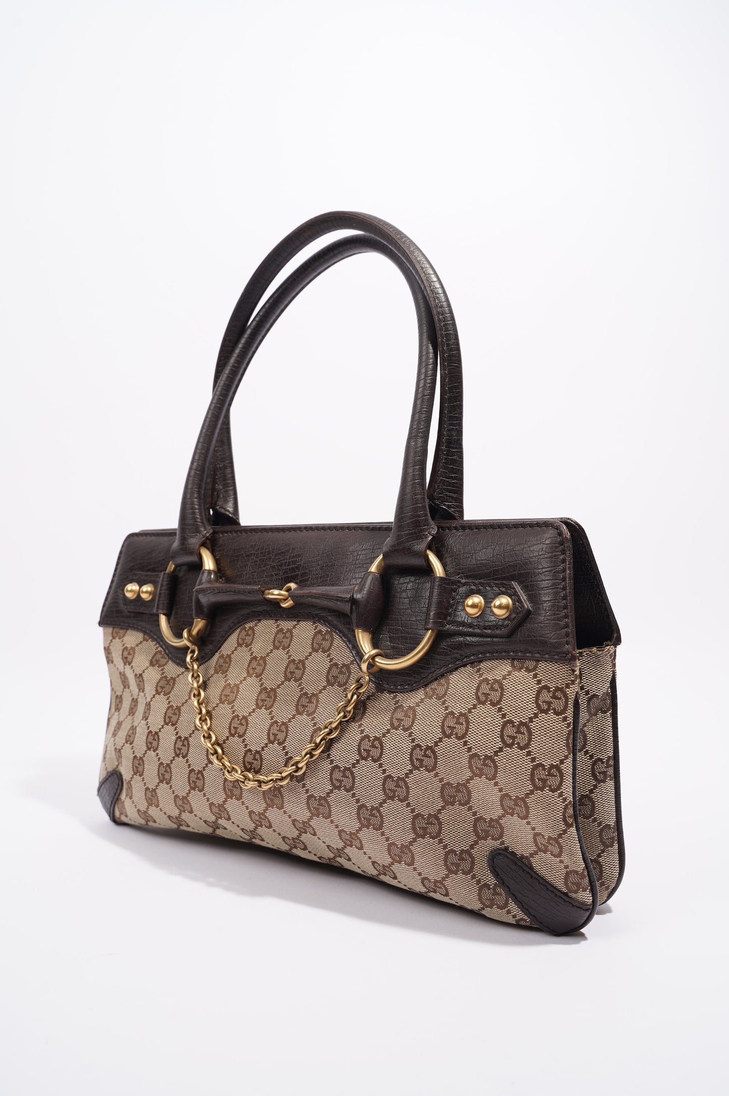 Gucci Womens Vintage Horsebit Handbag Brown Canvas