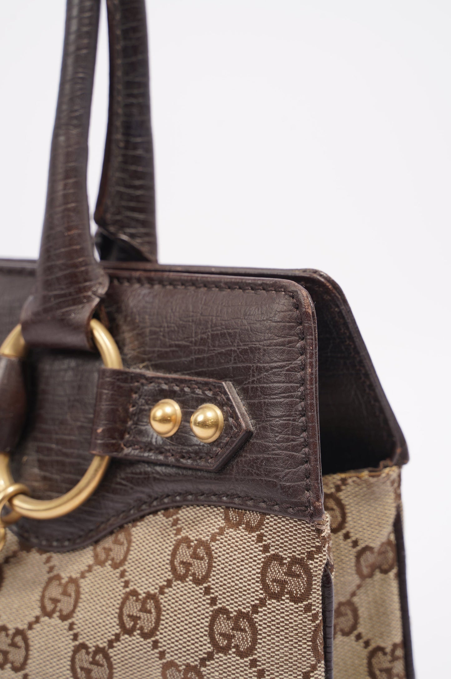 Gucci Womens Vintage Horsebit Handbag Brown Canvas