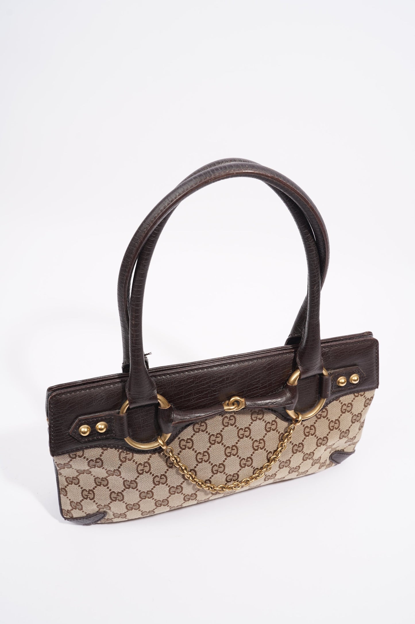 Gucci Womens Vintage Horsebit Handbag Brown Canvas
