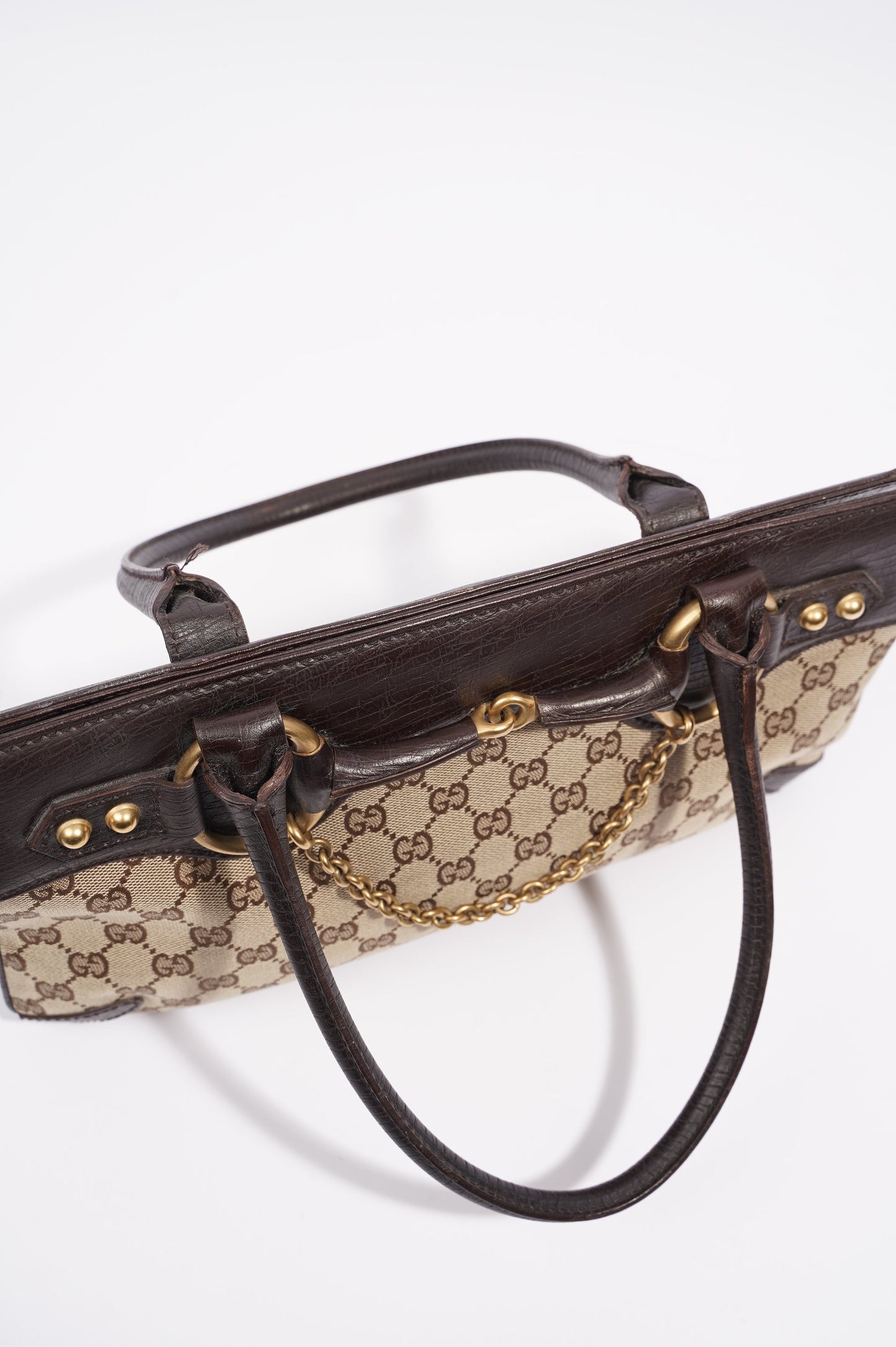 Gucci Womens Vintage Horsebit Handbag Brown Canvas