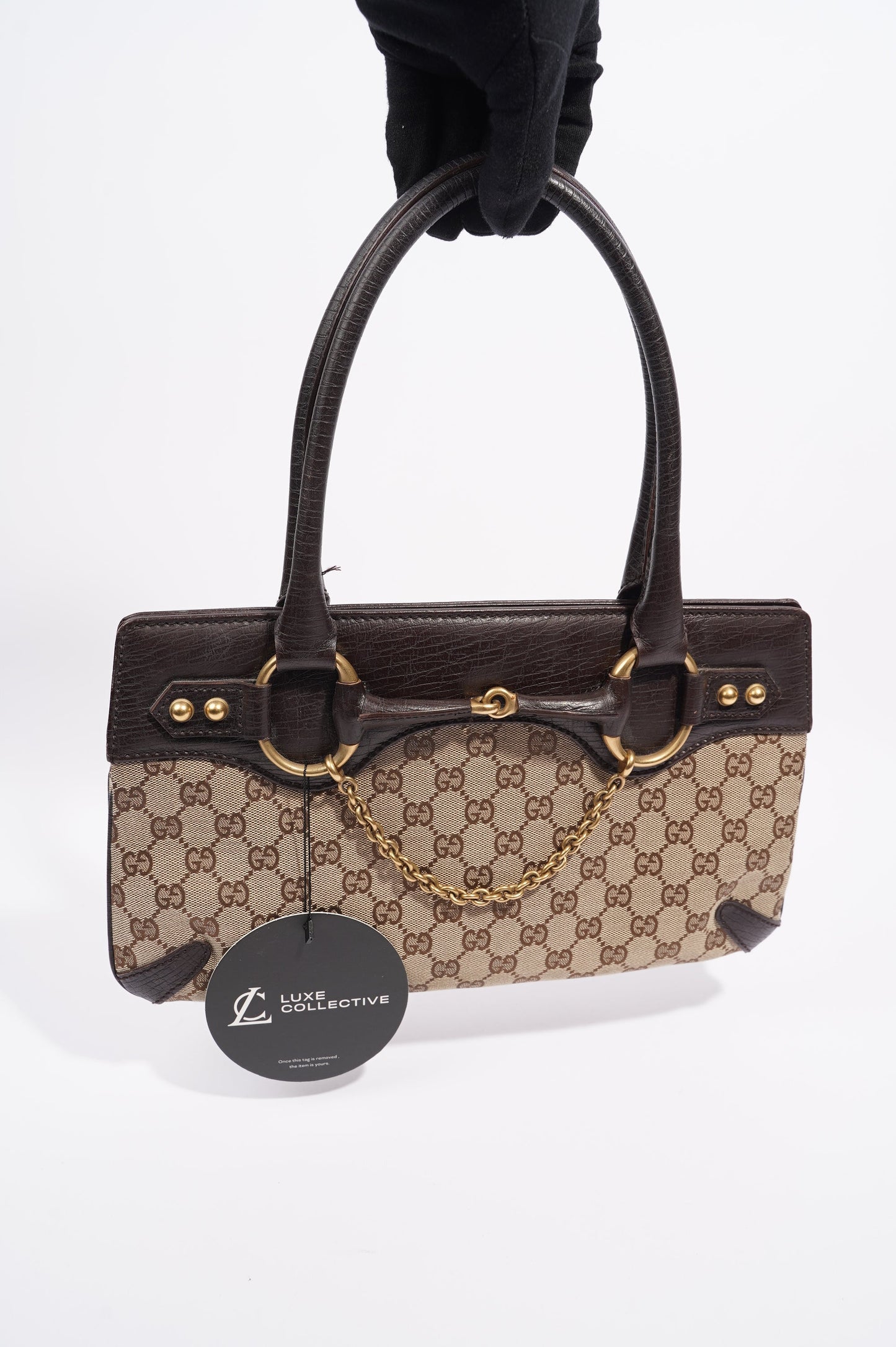 Gucci Womens Vintage Horsebit Handbag Brown Canvas
