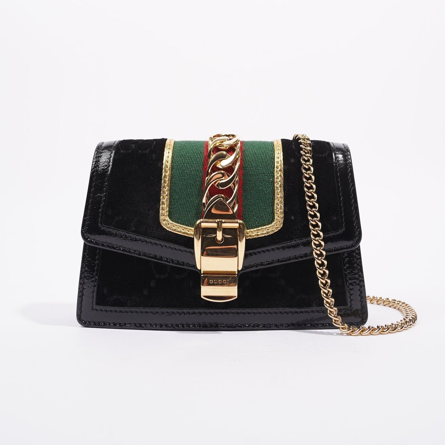 Gucci Womens Sylvie Chain Bag Black Velvet Super Mini