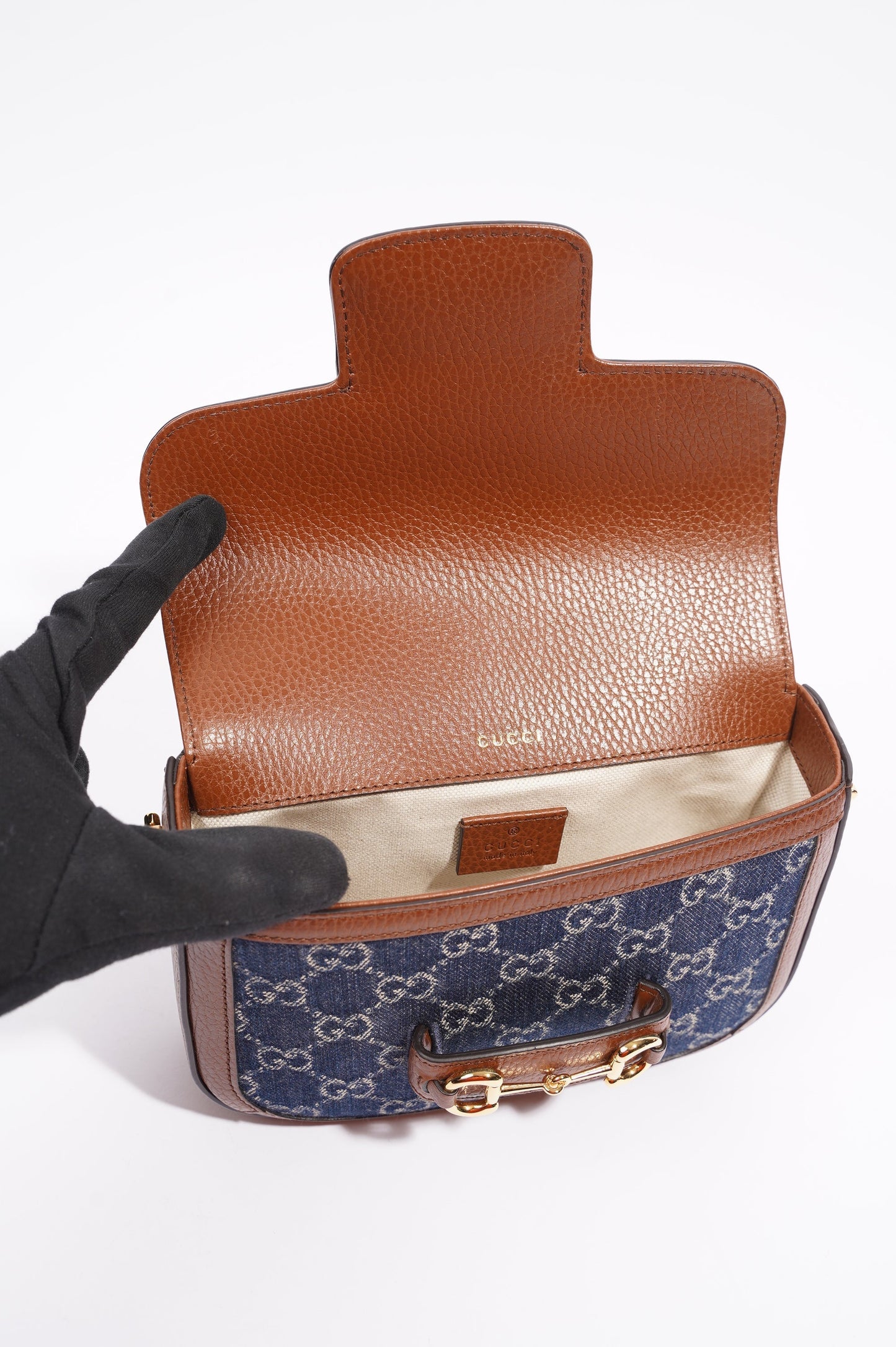 Gucci Womens Horsebit 1955 Mini Bag Demin / Brown