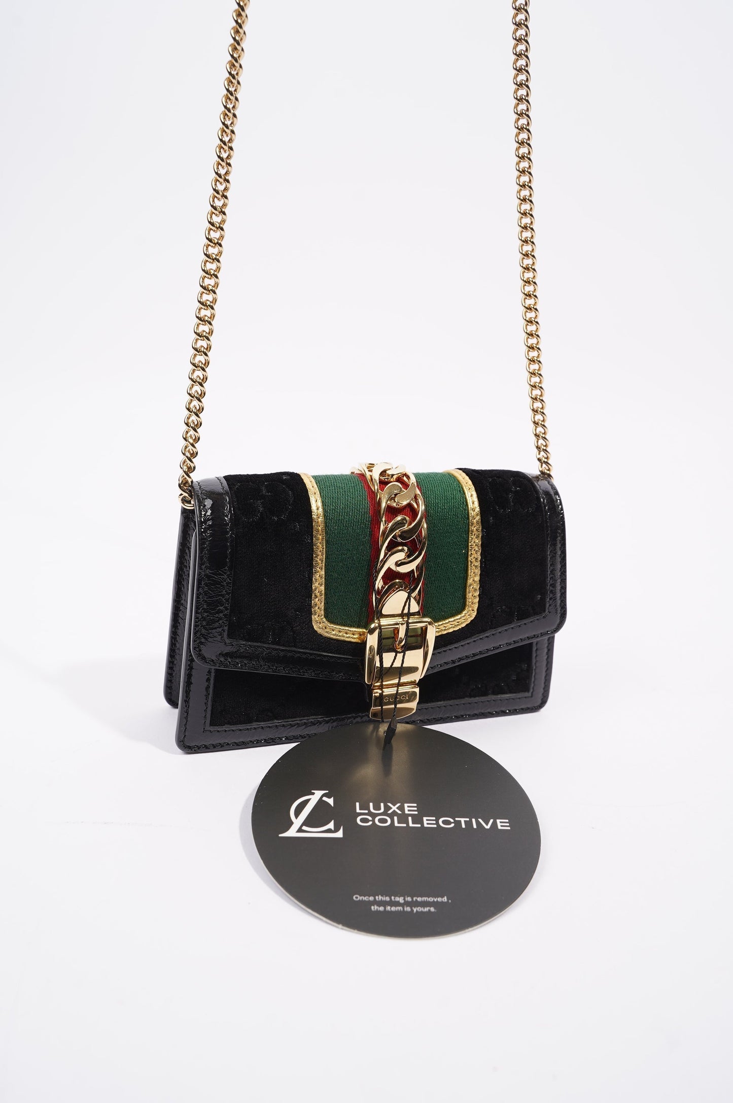 Gucci Womens Sylvie Chain Bag Black Velvet Super Mini
