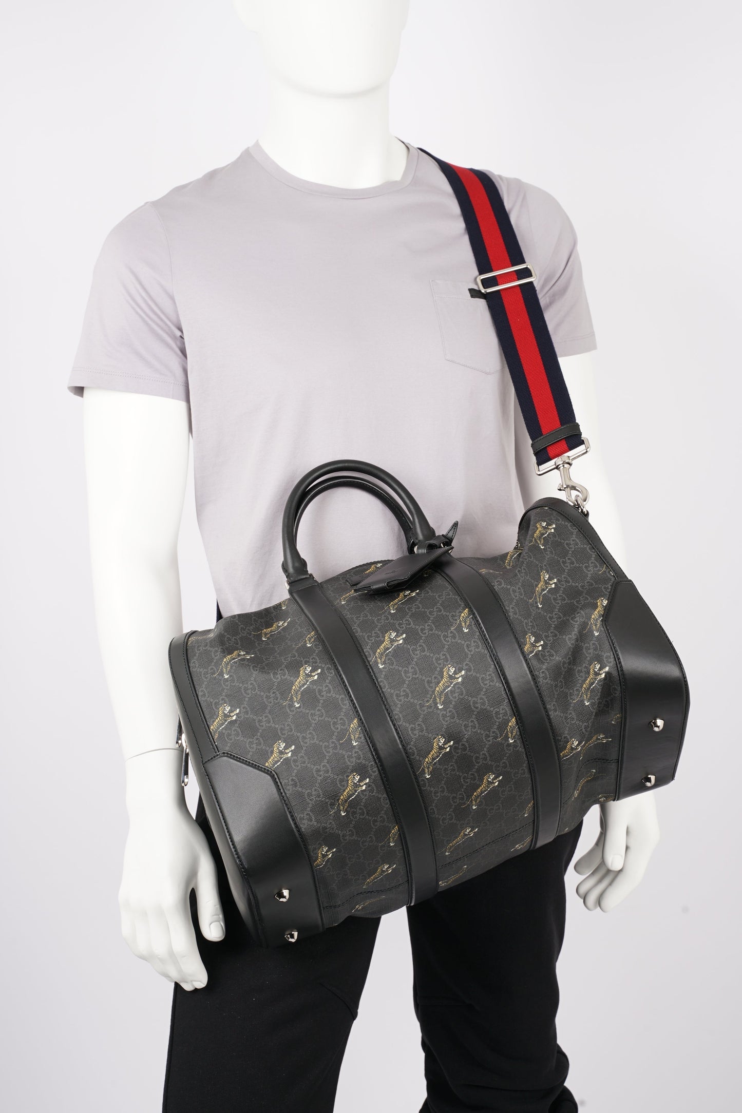 Gucci Mens Supreme Tigers Duffle Grey Canvas