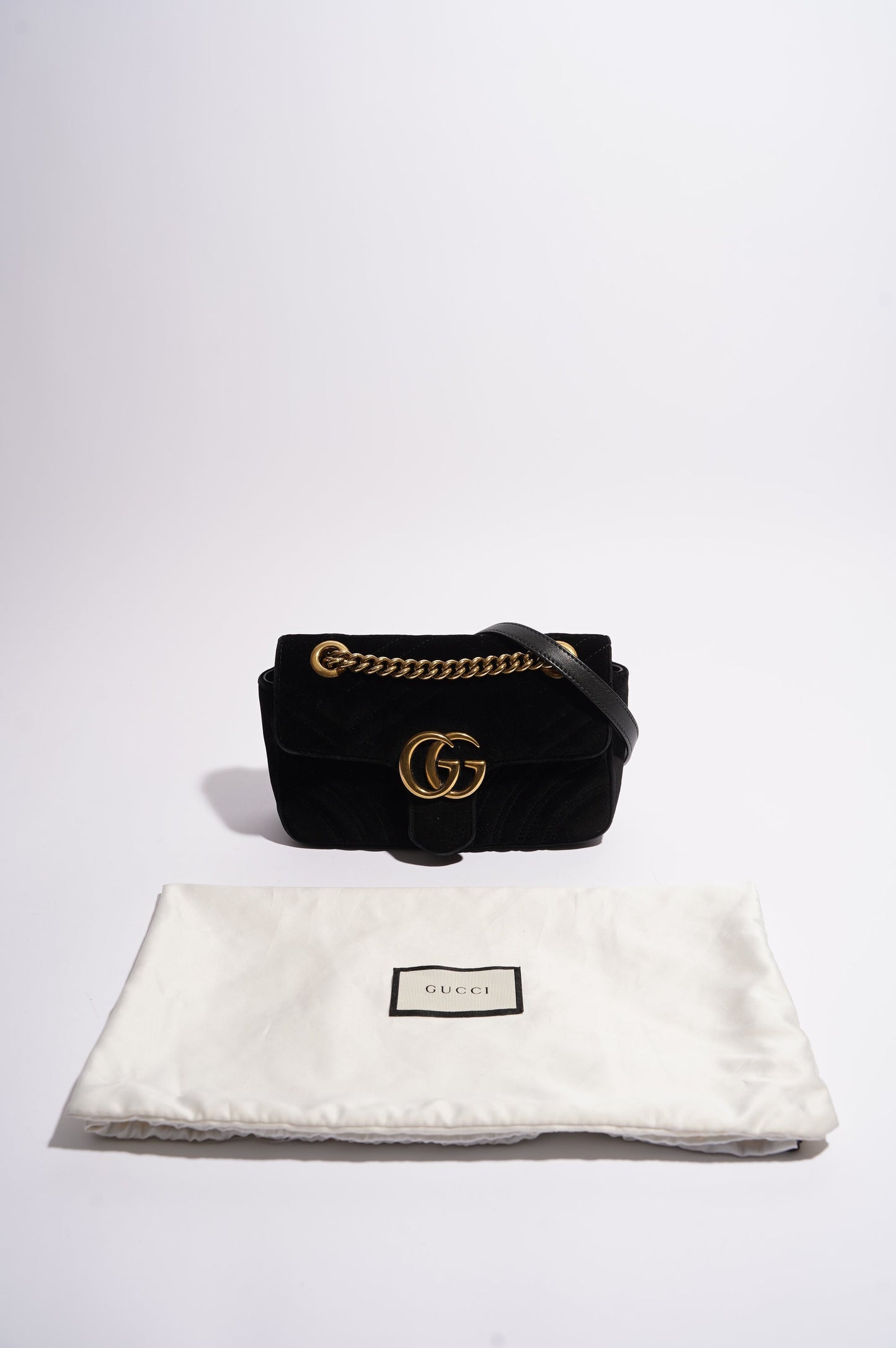 Gucci Womens Marmont Flap Black Velvet Gold Mini