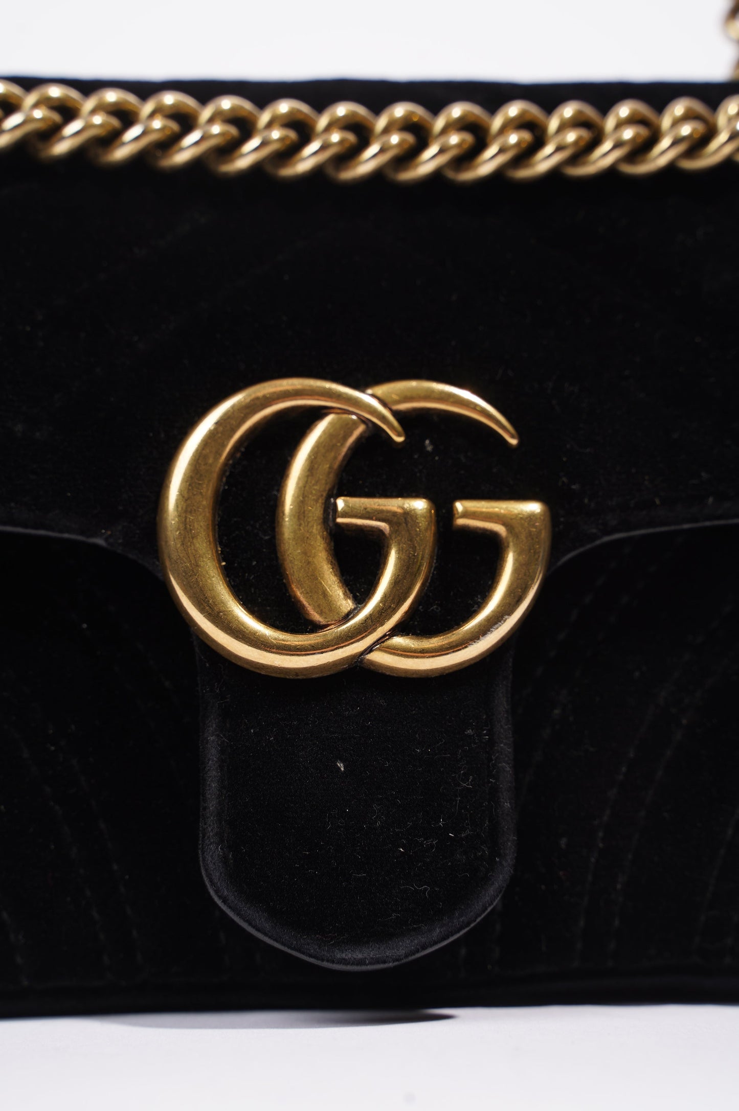 Gucci Womens Marmont Flap Black Velvet Gold Mini