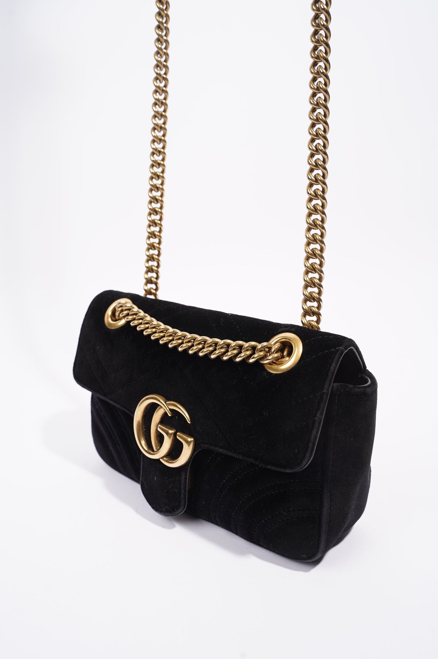 Gucci Womens Marmont Flap Black Velvet Gold Mini