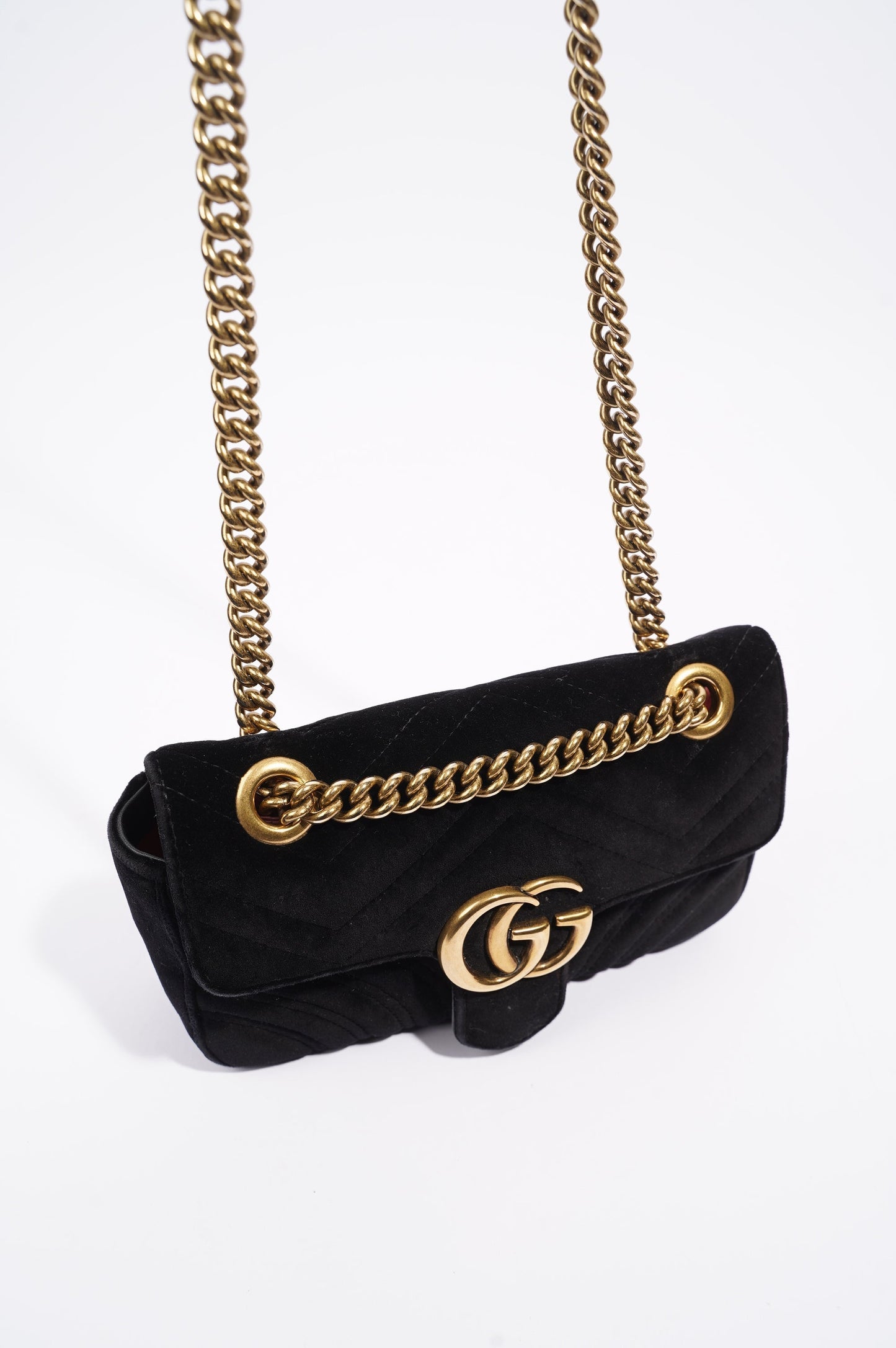 Gucci Womens Marmont Flap Black Velvet Gold Mini
