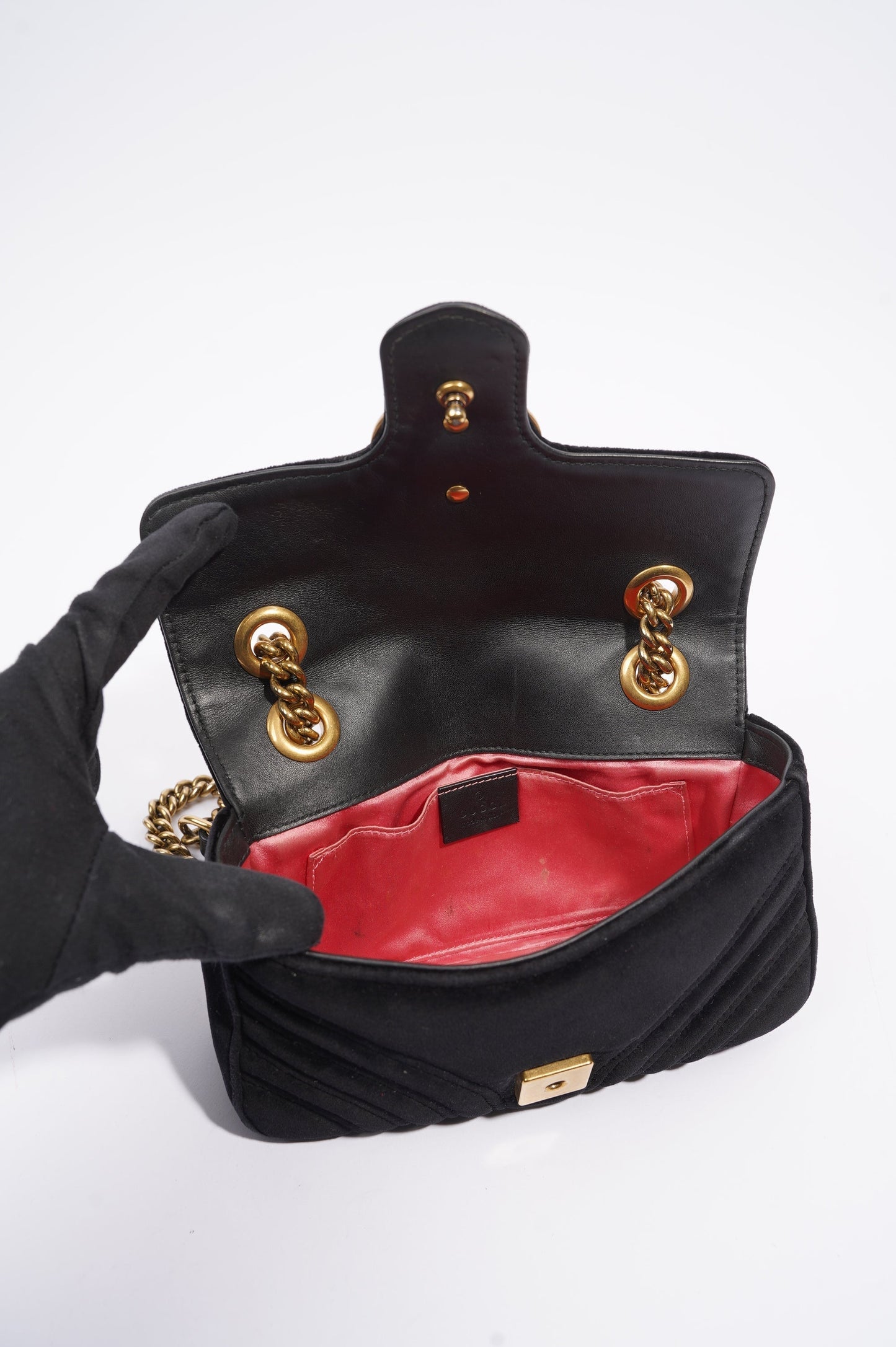 Gucci Womens Marmont Flap Black Velvet Gold Mini