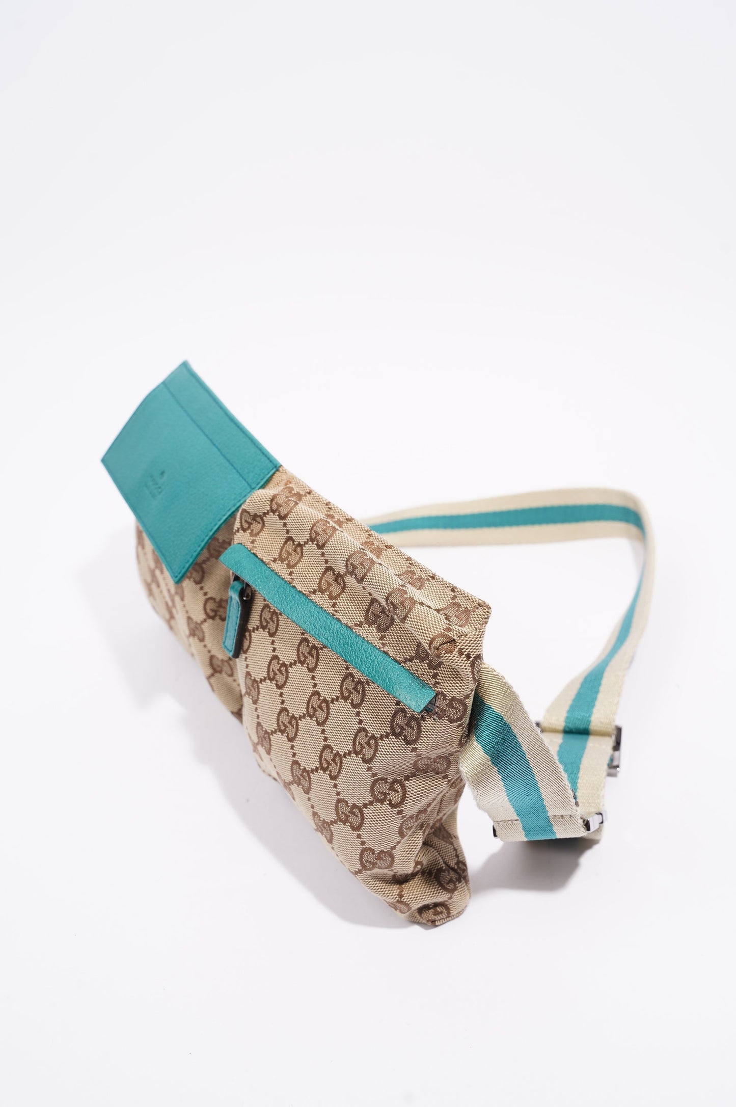 Gucci Womens Vintage GG Canvas Belt Bag Beige Teal