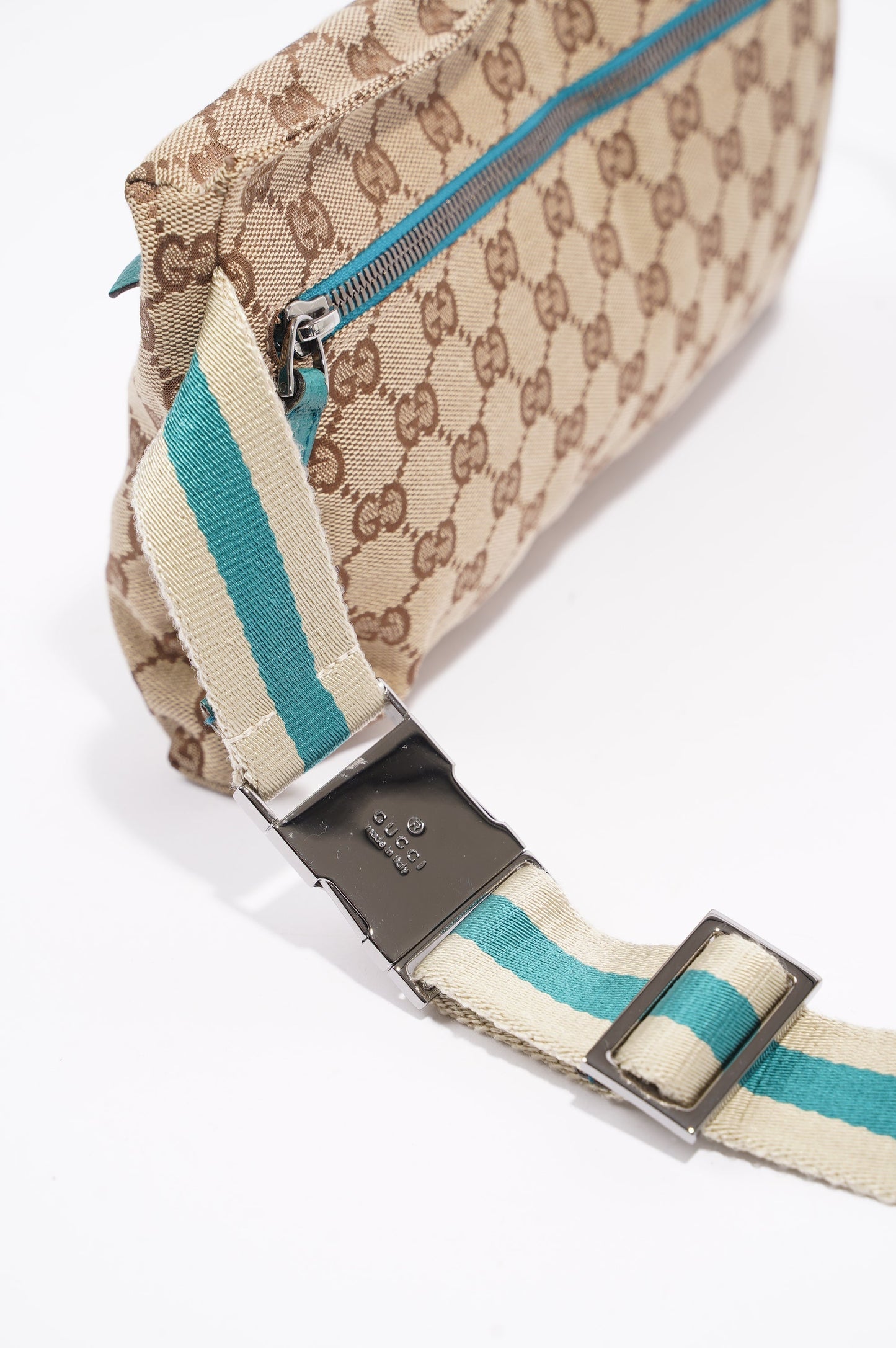 Gucci Womens Vintage GG Canvas Belt Bag Beige Teal