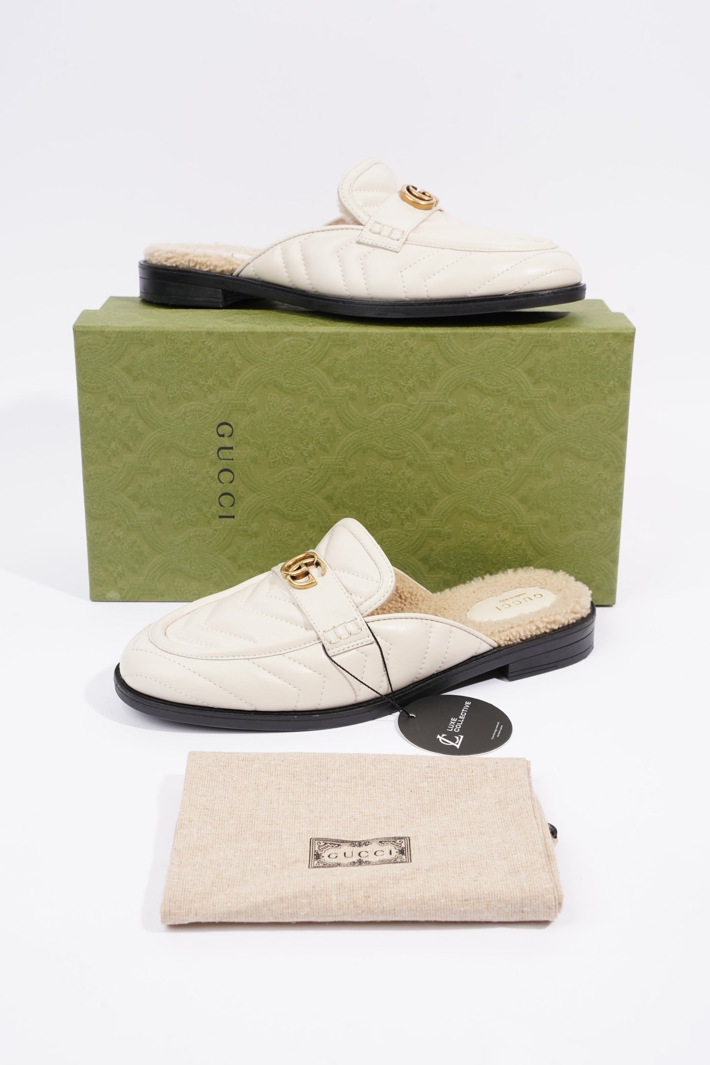 Gucci Womens Shearing Lined Princetown Mules Off White EU 39 / UK 6